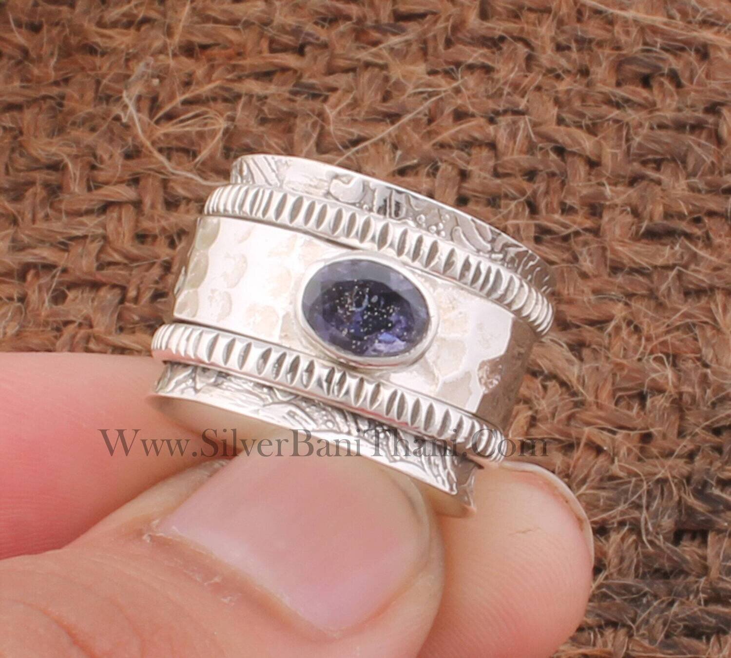 Iolite Solid 925 Sterling Silver Designer Hammered Spinner Ring For Women | Handmade Fidget Anxiety Rings For Anniversary Gifts2022
