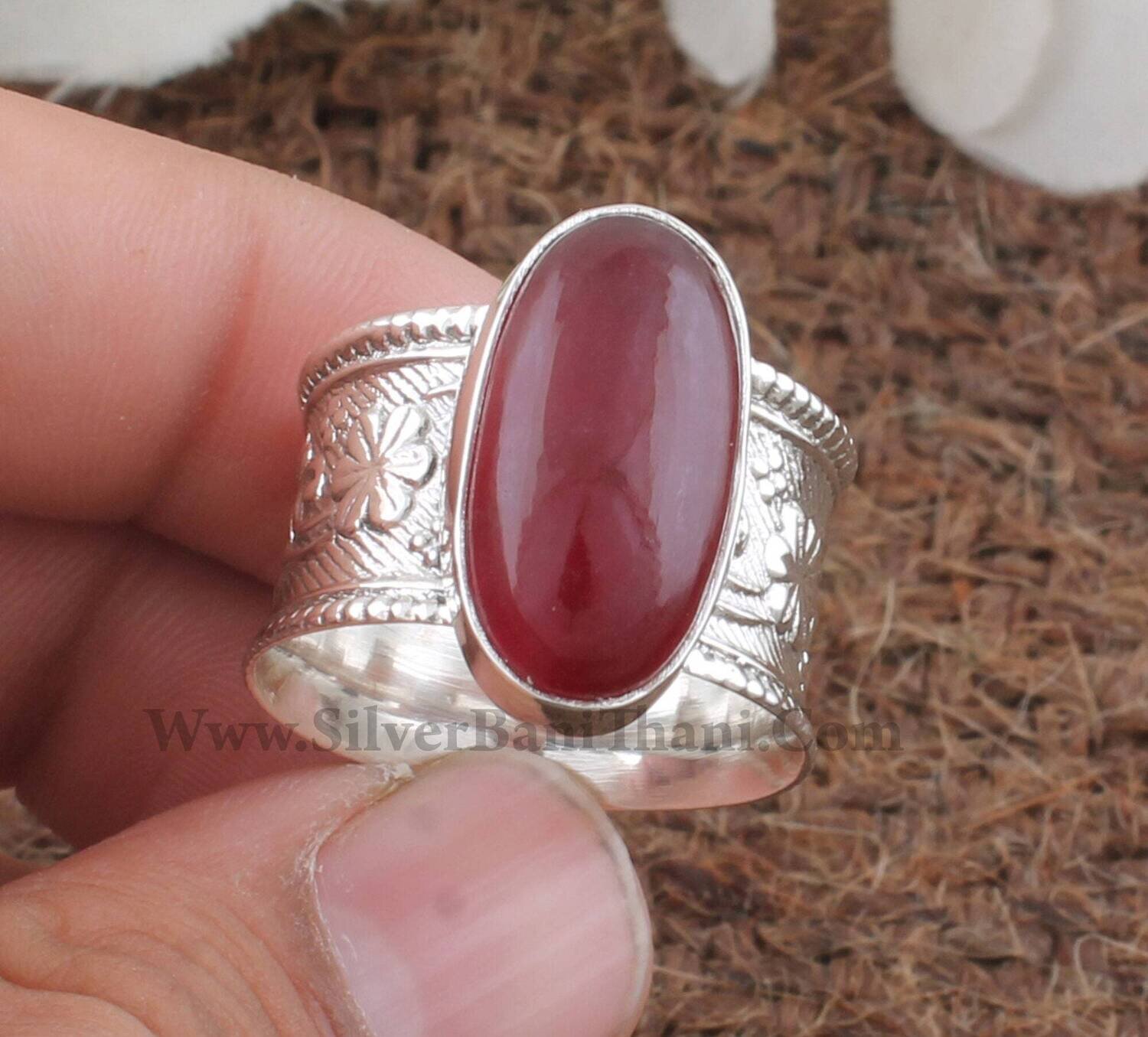 Red Jade Gemstone Silver Band Ring | 925 Sterling Silver Band Ring | Designer Hand Carved Band Ring | Wedding Jewelry | Present For Her Gift