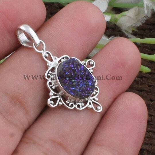 Druzy Pendant-Oval Carving Pendant 925 Sterling Solid Silver Pendant-Druzy Top Quality Semi Precious Stone Pendant Gift For HerSolid Silver
