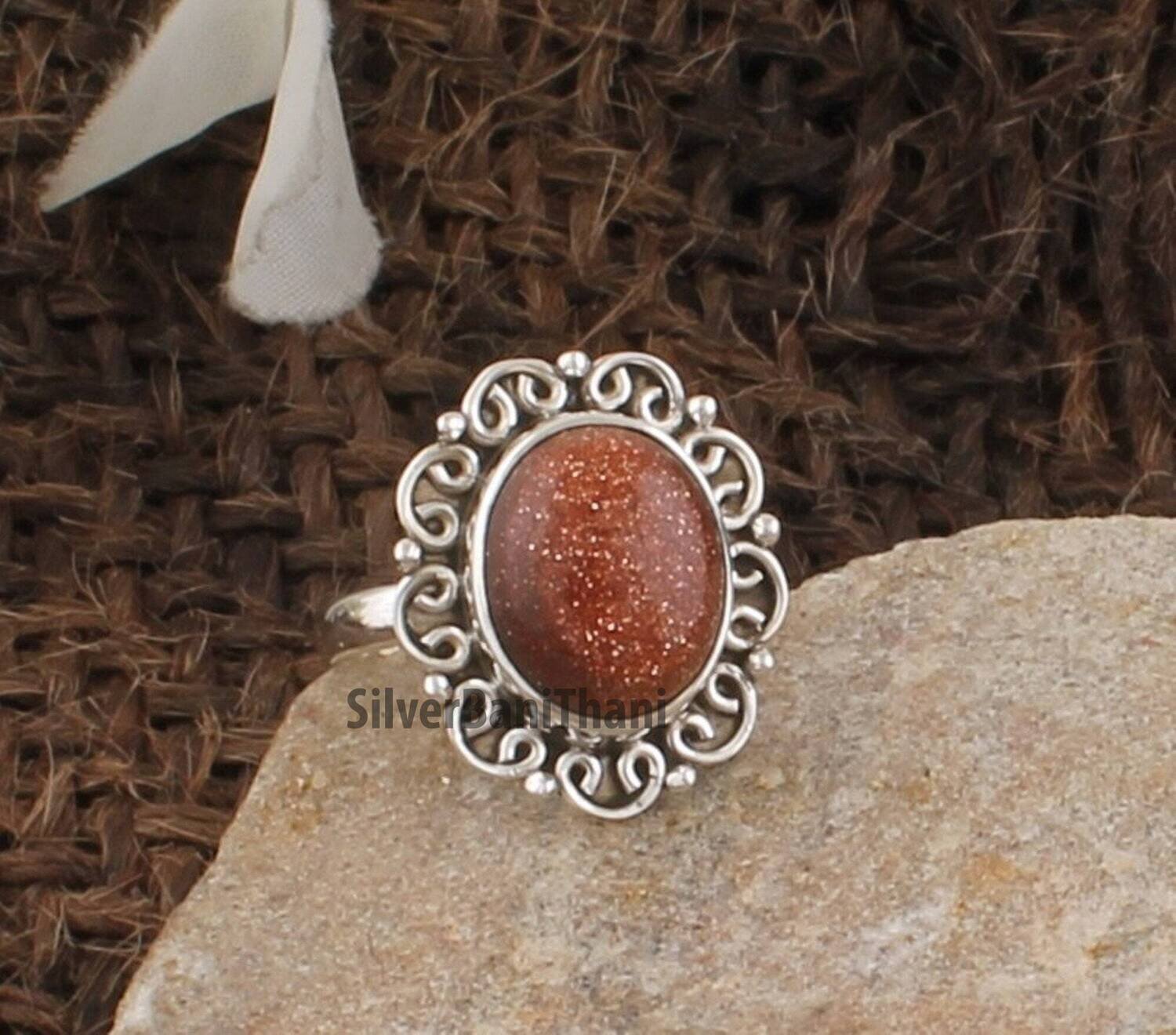 Boho Silver Flower Sunstone Ring | 925 Sterling Silver Ring | Smooth Oval Shape Gemstone Designer Silver Ring | Valentine's Day Gift For Her