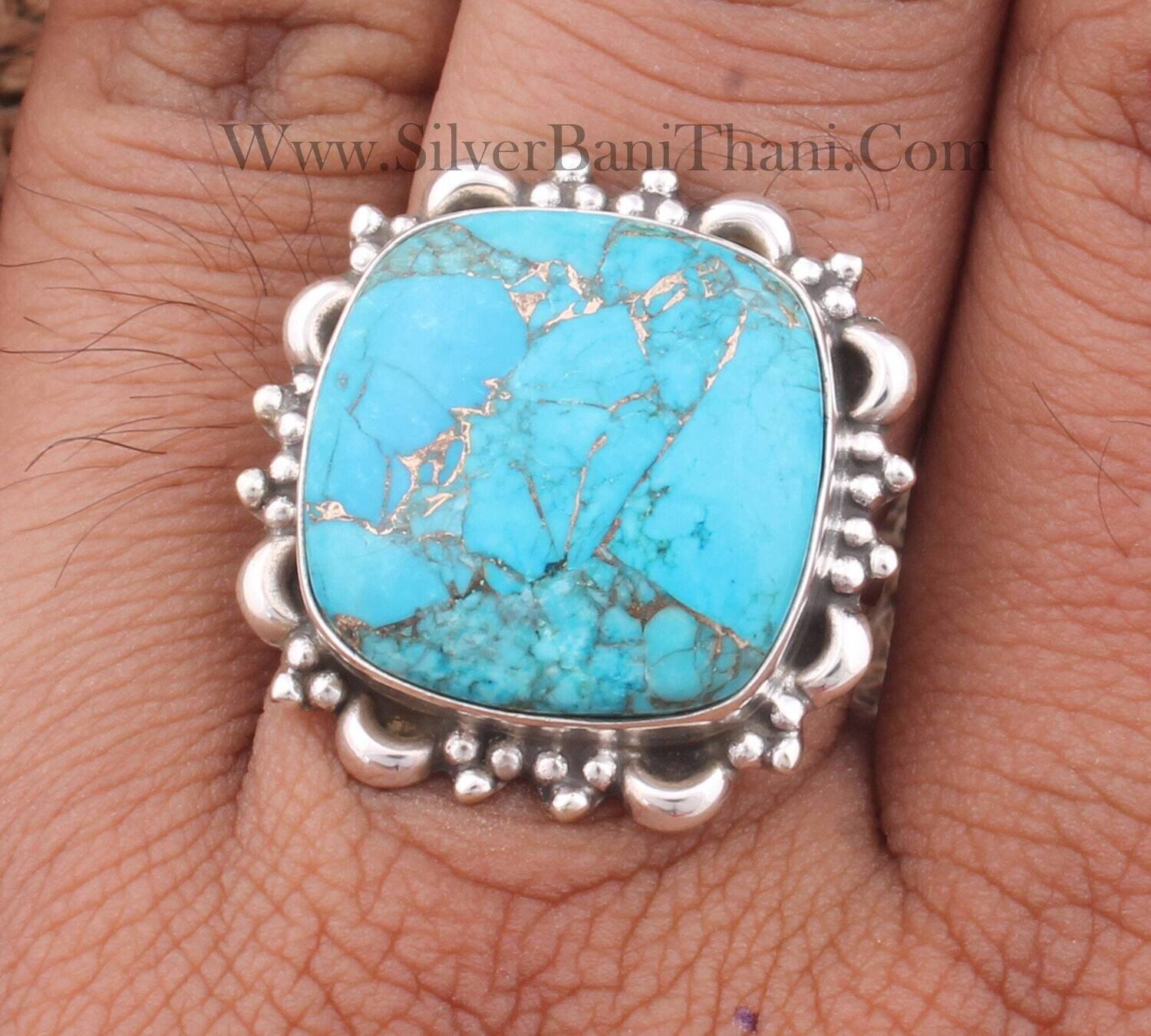 AAA+Quality Flower Silver Blue Copper Turquoise Cushion Shape Gemstone Silver Ring 925 Sterling Solid Silver Ring Handmade Silver Ring Gift For Idea
