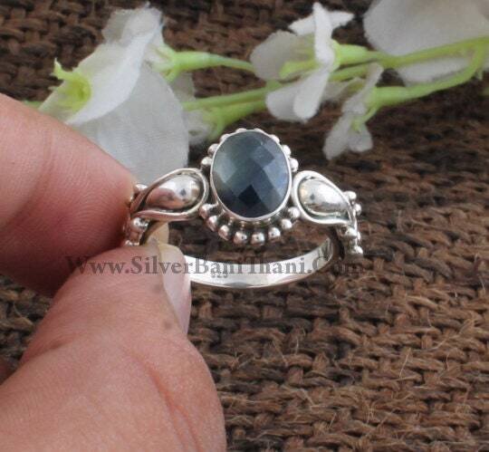 Blue Glass Gemstone Ring - Designer Silver Ring- Oval Cut Stone Silver Ring - Gemstone Jewelry - Gemstone Ring - Authentic - Rustic - Boho