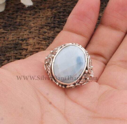 Lovely Blue Lace Agate Gemstone Ring-Oval Cut Stone Ring-Semi Precious Blue Stone Ring-925 Sterling Silver Ring-Leaf Design Silver Ring2022