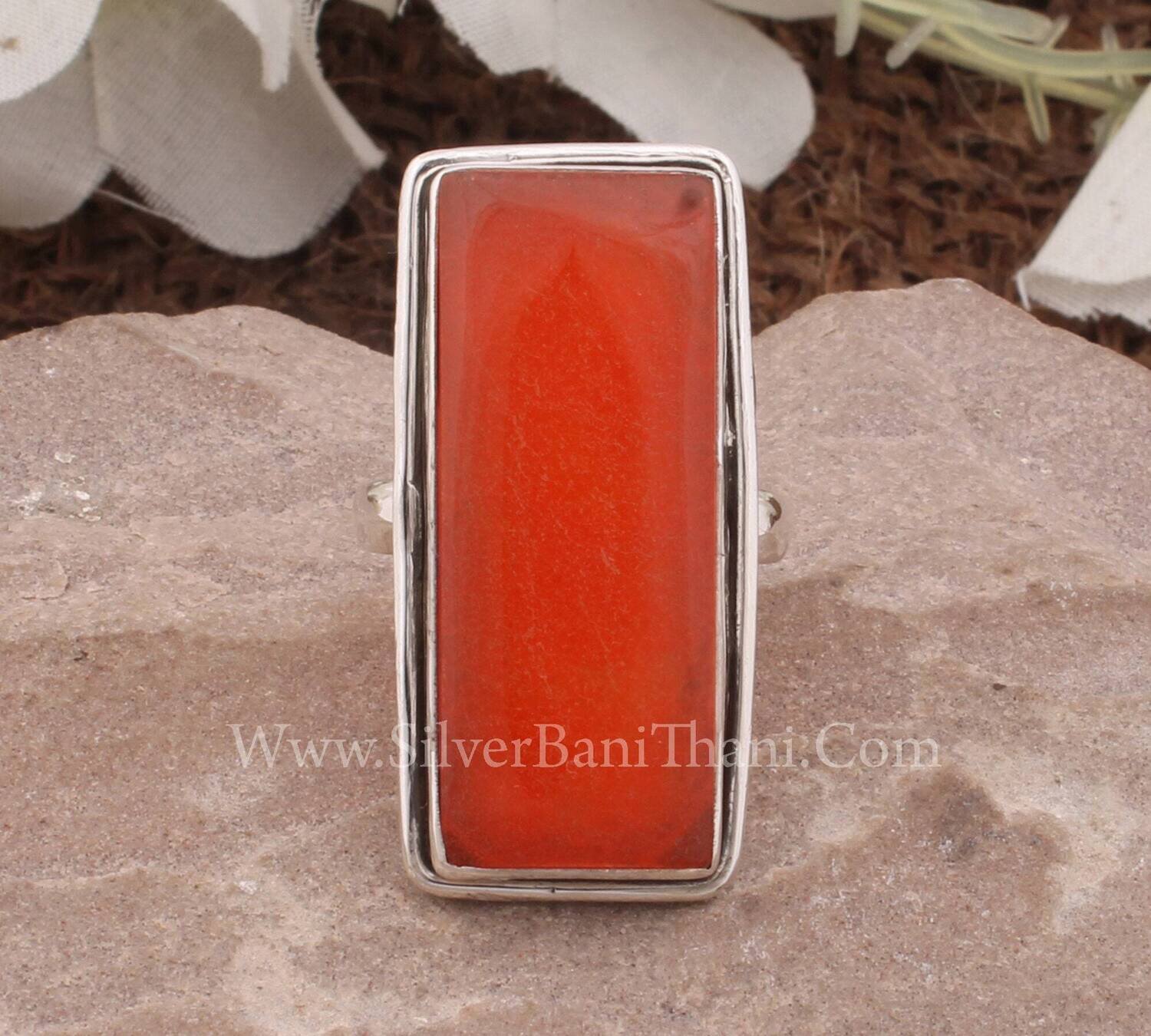 Orange Jade Long Bar Gemstone Solid 925 Sterling Silver Ring For Women Handmade Rectangle Gemstone Band Ring Gift For Her Birthday Gift Ring