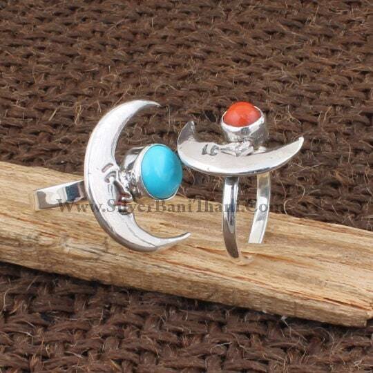 Moon Design Ring, Semi Precious Stone Ring 925 Sterling Silver Ring, Combo Ring, Gift Item Moon Ring, Chand Ring, Silver Bani Thani Ring2022