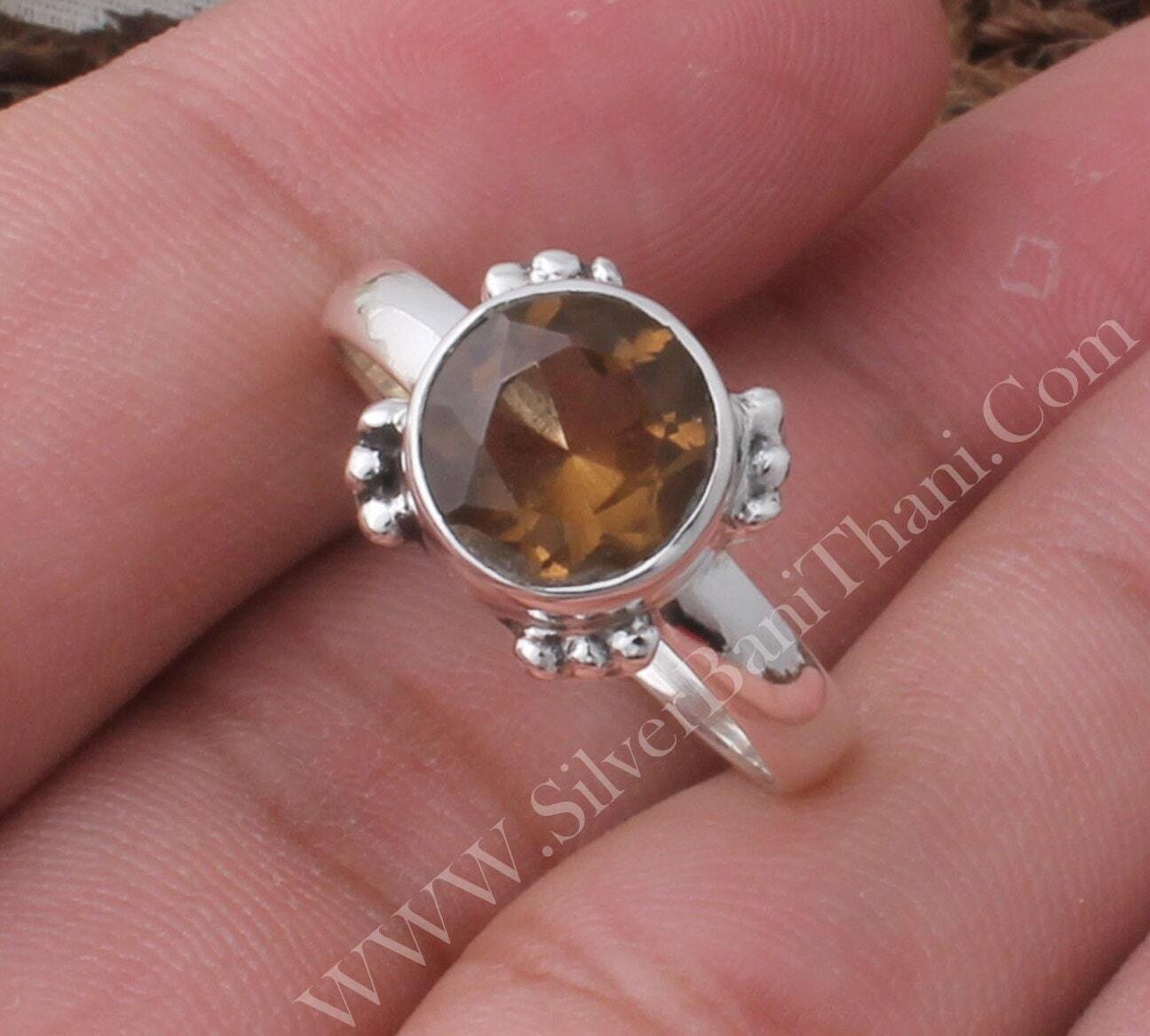 Round Cut Gemstone Ring | 925 Sterling Silver  Smoky Quartz Faceted Cut Stone Ring | Designer Handmade Wedding Jewelry | Women Gift