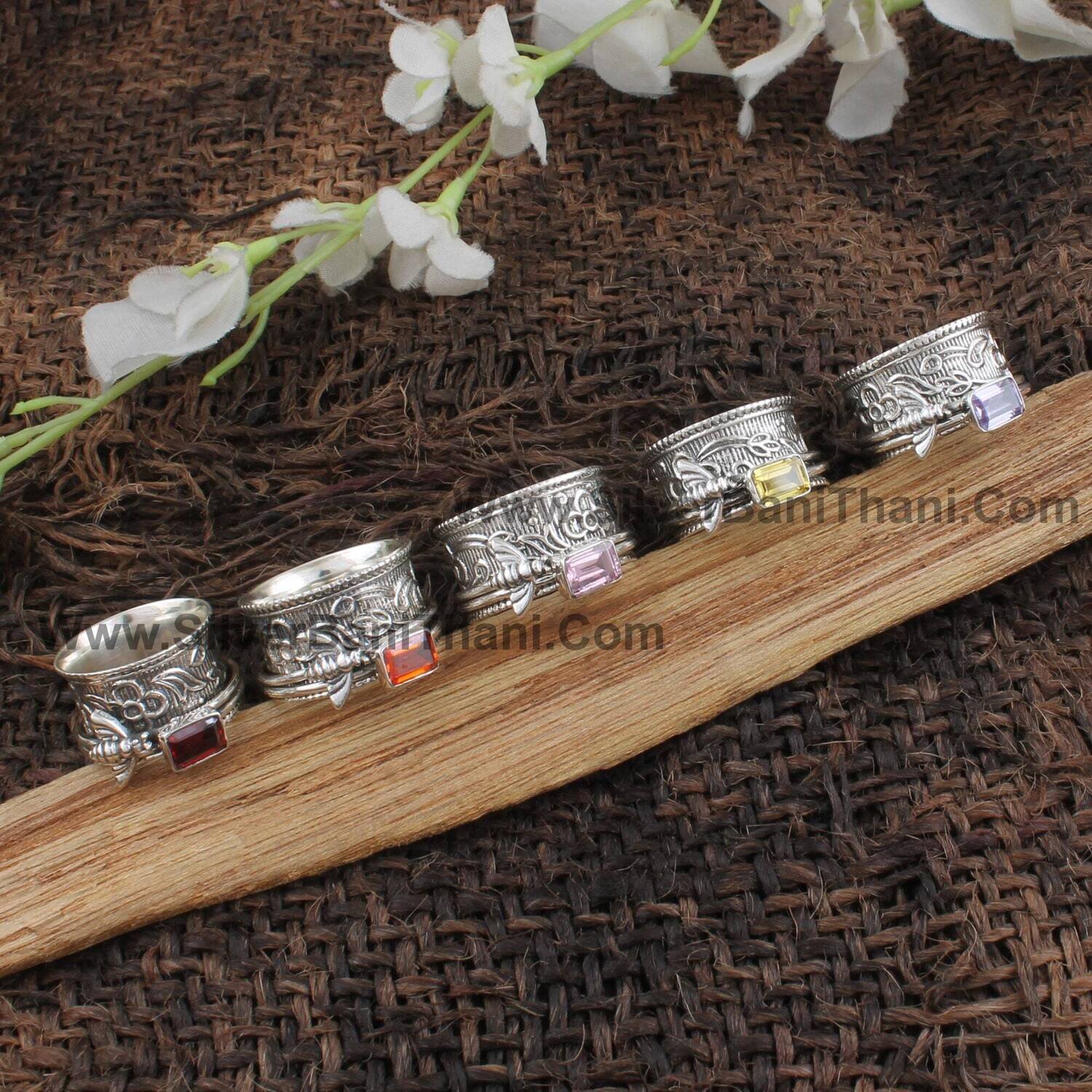 925 Sterling Silver Multi Gemstone Spinner Rings | Handmade Faceted Cut Ring | Designer Hand Carved Honey Bee Silver Meditation Rings | Gift