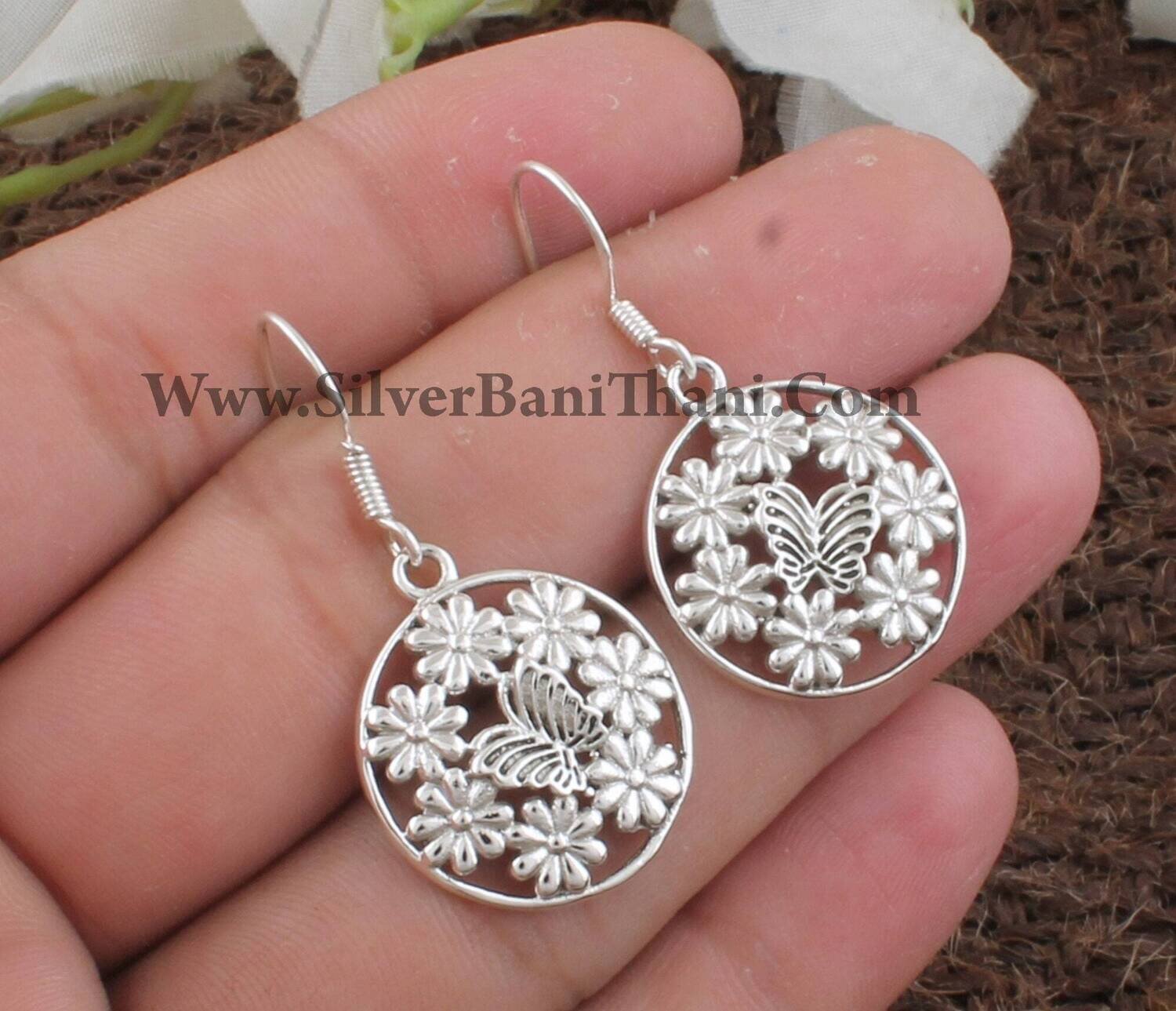 Designer Butterfly Silver Earring | 925 Sterling Silver Round Earrings | Handmade Flowers Design Earrings | Women Wedding Jewelry Gift Idea
