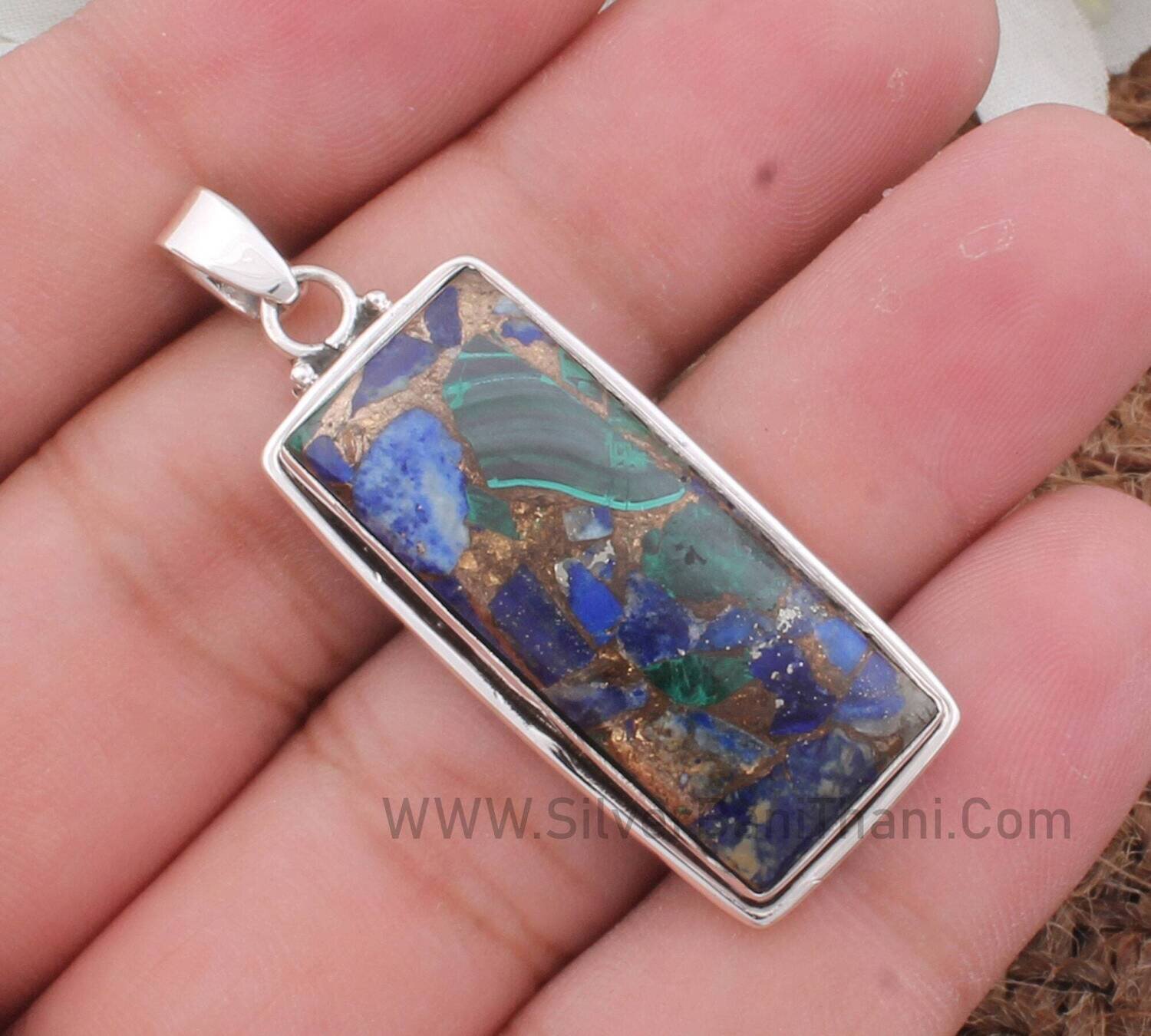 Malachite &amp; Lapis Lazuli Mix Copper Gemstone Pendant | 925 Sterling Silver Solid Pendant | Designer Handmade Rectangle Gemstone Pendant Gift