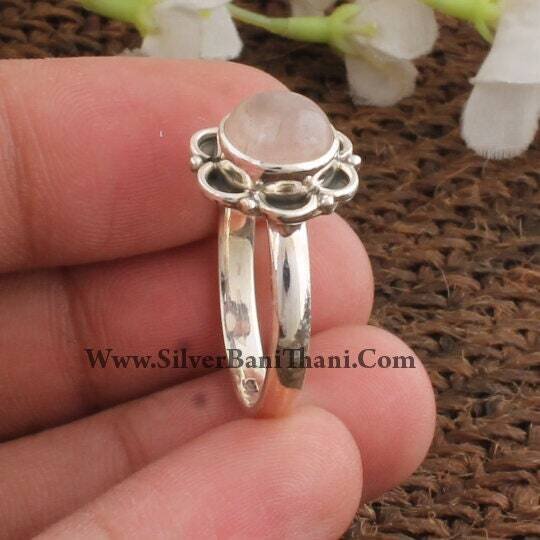 Rose Quartz Ring - Boho Pink Stone Ring -925 Sterling Solid Silver Ring - Semi Precious Floral Design Silver Ring - Gemstone Jewelry - Etsy