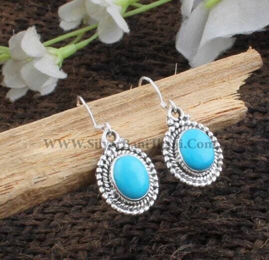 Turquoise Earring-lovely Oval Stone Earring-925 Sterling Silver Earring-Handmade Earring-Jewelry Gift Item-Blue Stone Earring-Christmas Gift