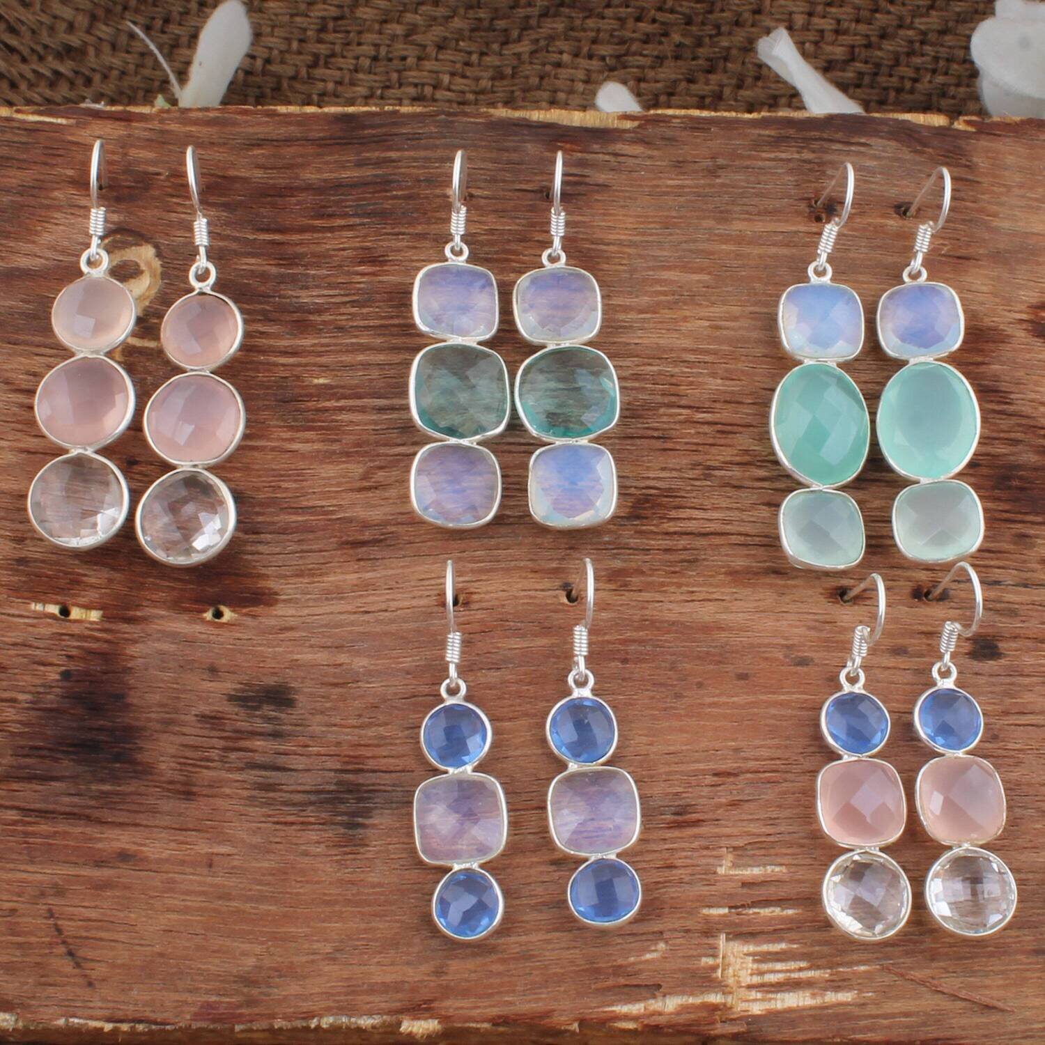 Multi Gemstone Earrings I 925 Sterling Silver Earrings I Bezel Set Earring I Three Stone Silver Earring I Checker Cut Earrings Gift For Her