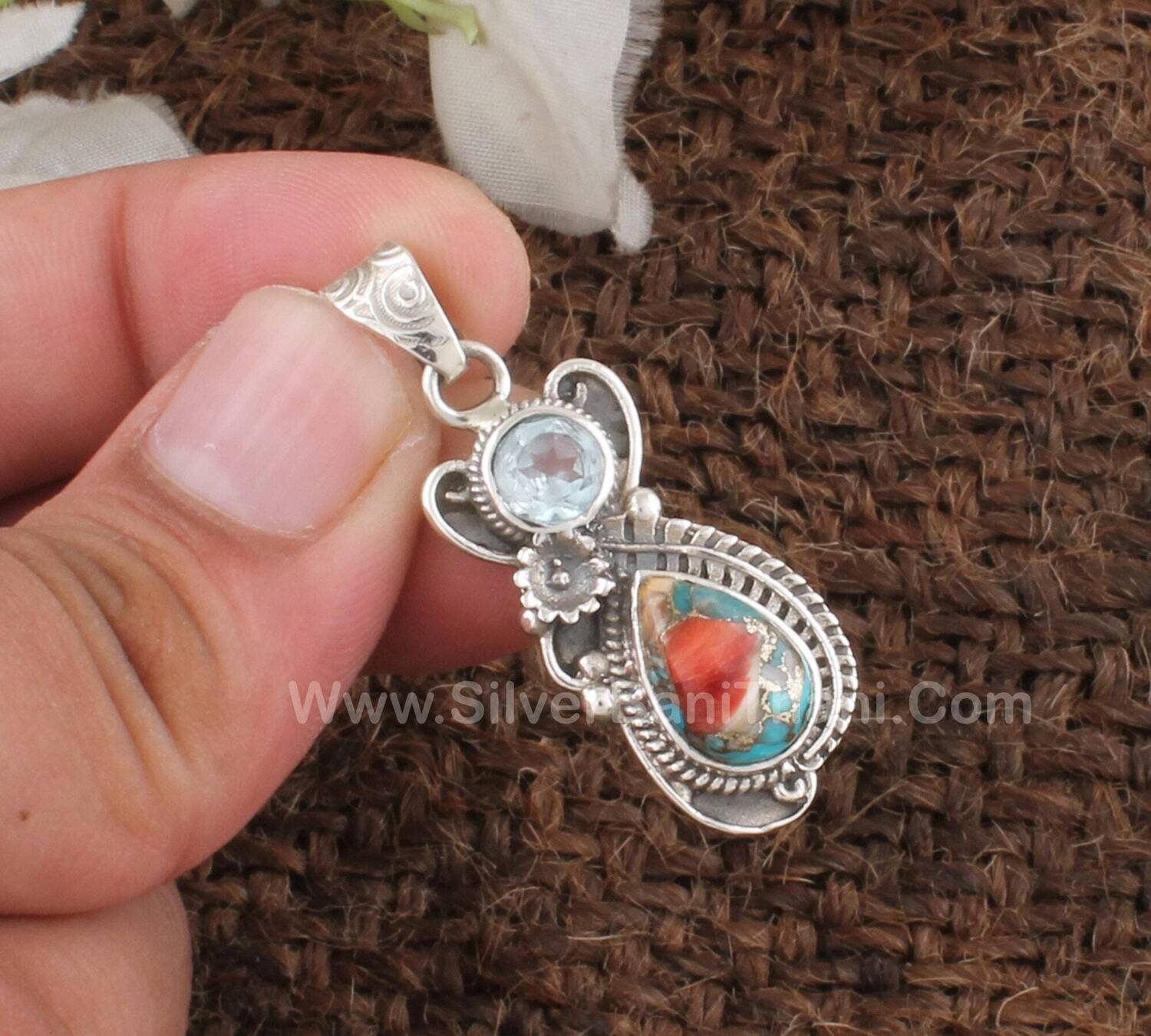 Oyster Copper Turquoise  Blue Topaz Gemstone Silver Pendant | 925 Sterling Silver Gemstone Pendant | Handmade Wedding Jewelry Women Gift2022