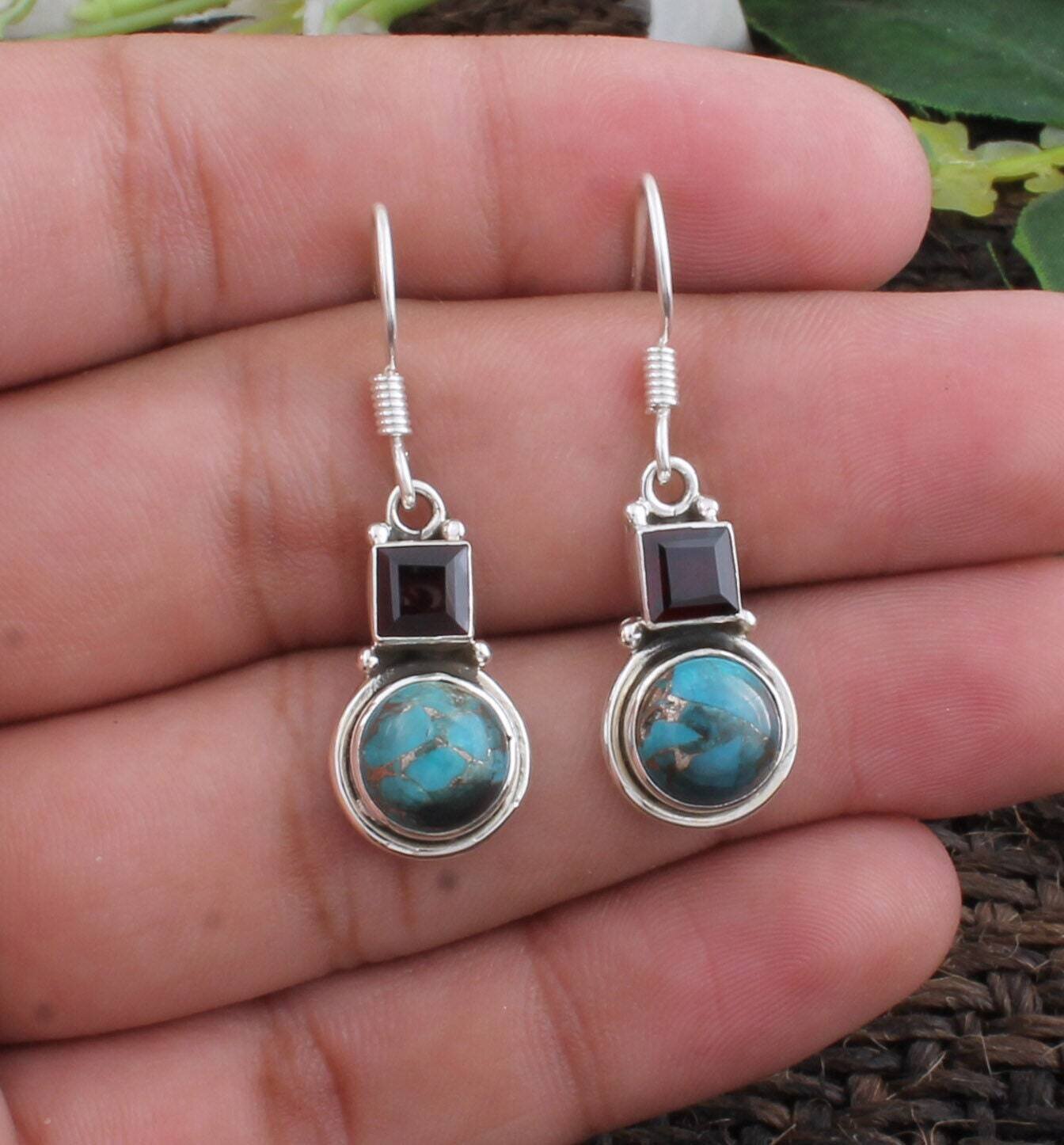 Combo Earring-Dainty Two Stone Earring-925 Sterling Silver Earring-Personalized Gift-Genuine Gemstone Dangle Drop Earring-Silveretsy Cyber