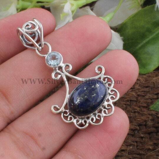Teardrop Pendant,Boho Combo Pendant,Blue Topaz With Lapis Gemstone's Pendant, 925 Sterling Silver Pendant,Antique Silver Two Stone Pendant