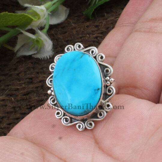 925 Sterling Solid Silver Ring,Oval Cabochon Ring,Middle Finger Ring,Sleeping Beauty Turquoise Gemstone Ring Gift Item Statement Ring2022