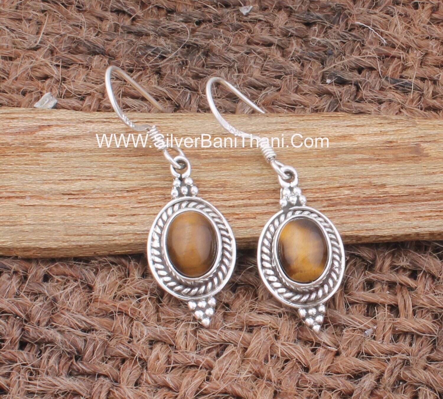 Tiger's Eye Gemstone Silver Earrings | 925 Sterling Solid Silver Earrings | Designer Handmade Gemstone Earrings | Women Jewelry Gift