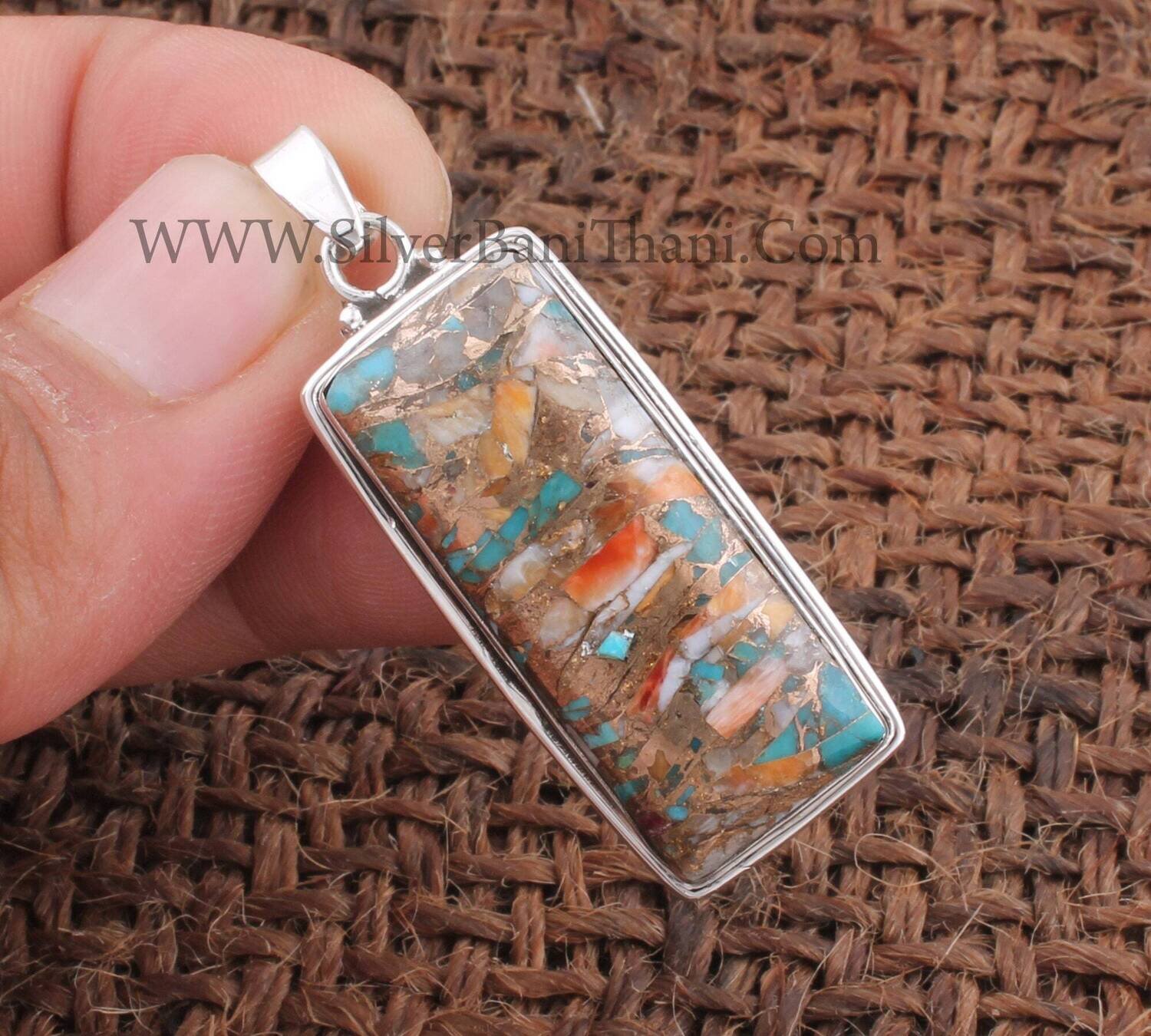 Oyster Copper Turquoise Gemstone Pendant | 925 Sterling Silver Rectangle Gemstone Pendant | Designer Handmade Pendant | Girls Gift Jewelry