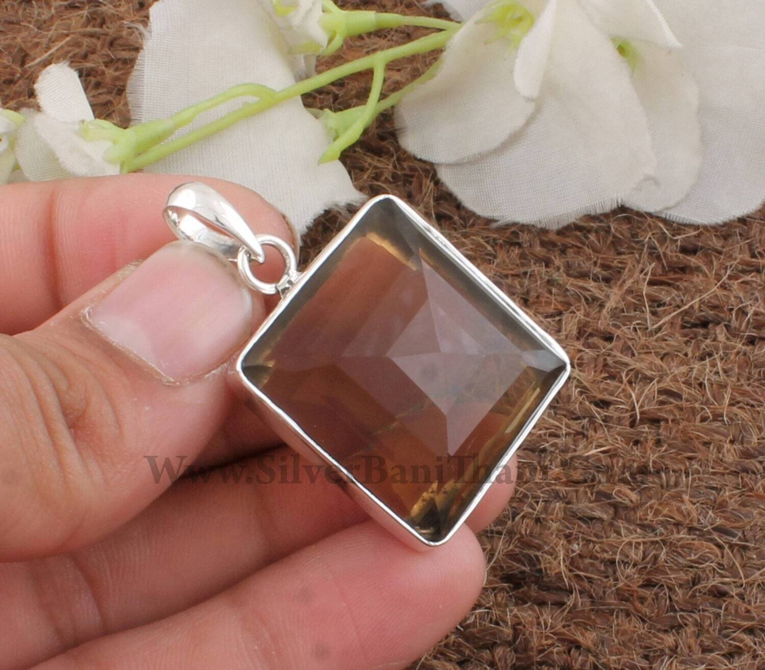 925 Sterling Silver Faceted Cut Square Shape Stone Pendant |  Smoky Quartz Gemstone Necklace Pendant | Handmade Women Jewelry | Gift