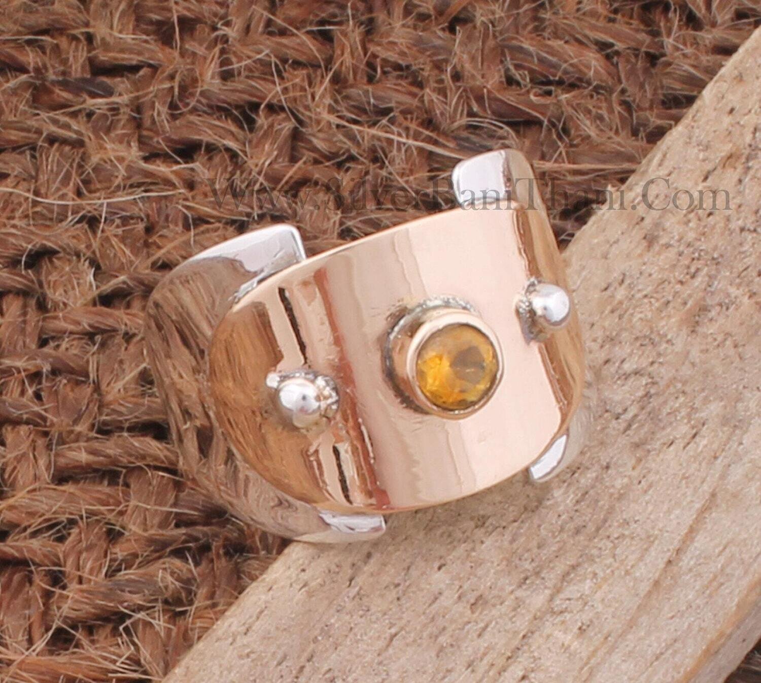 925 Sterling Solid Silver &amp; Brass Citrine Silver Ring | Handmade Round Cut Stone Ring | Bridal Wedding Rings | Two Silver Dotted Design Ring