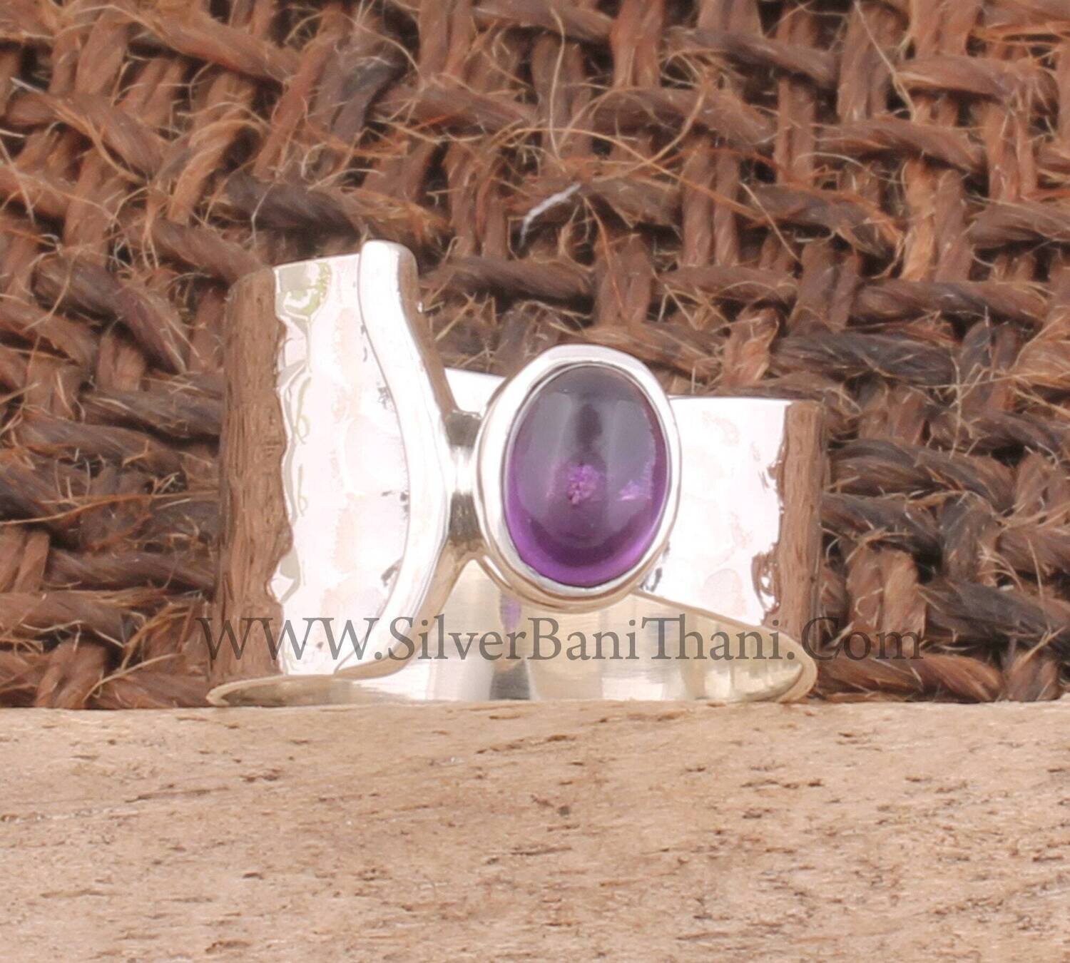 Wide Band Amethyst Solid 925 Sterling Silver Band Ring For Women | Handmade Oval Solid Silver Fancy Hammered Band Ring For Anniversary Gifts