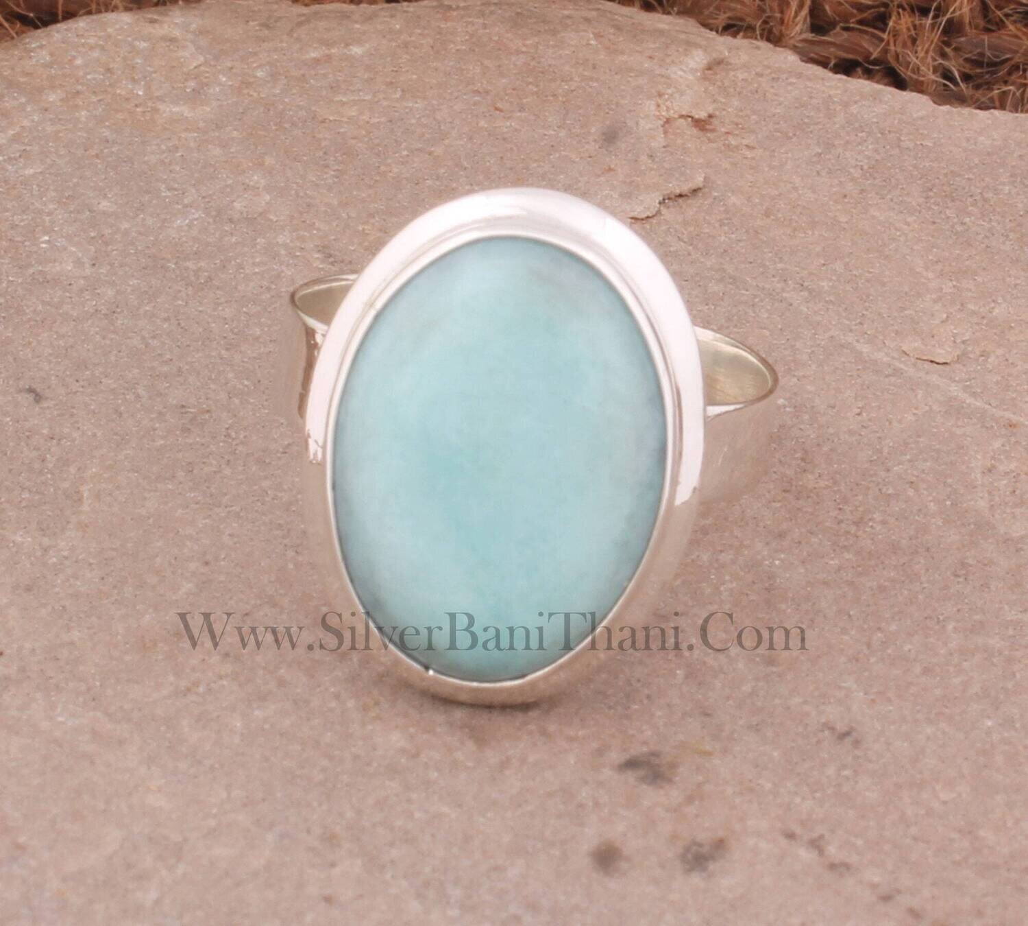 Natural Larimar Silver Ring | 925 Sterling Solid Silver Ring | Round Gemstone Ring | Handmade Ring | Everyday Jewelry | Valentine's Day Gift