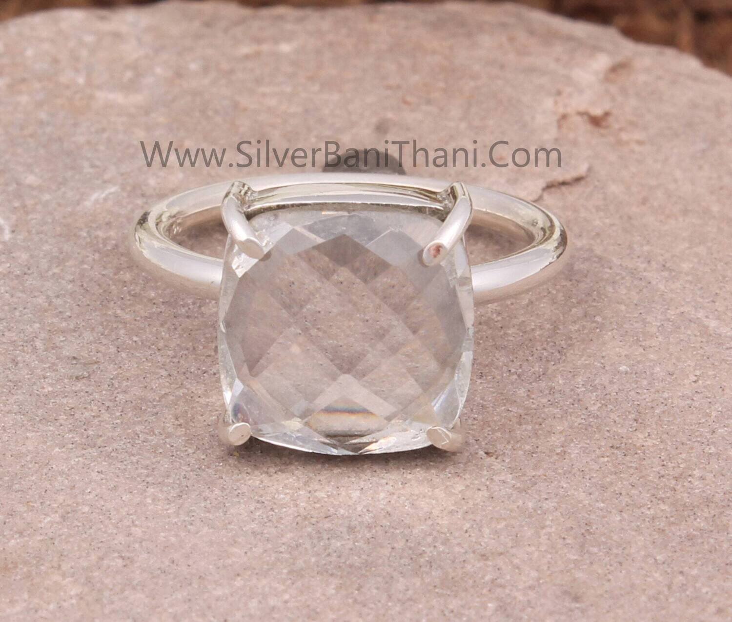 Prong Set Crystal Quartz Solid 925 Sterling Silver Ring For Women | Handmade Cushion Solid Silver Ring For Wedding Anniversary Gifts Idea