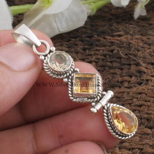 Citrine Stone Pendant-Antique Silver Pendant-925 Sterling Silver Pendant-Three Stone Silver Pendant-Boho Jewelry-Gift For Her Etsy Cyber2022
