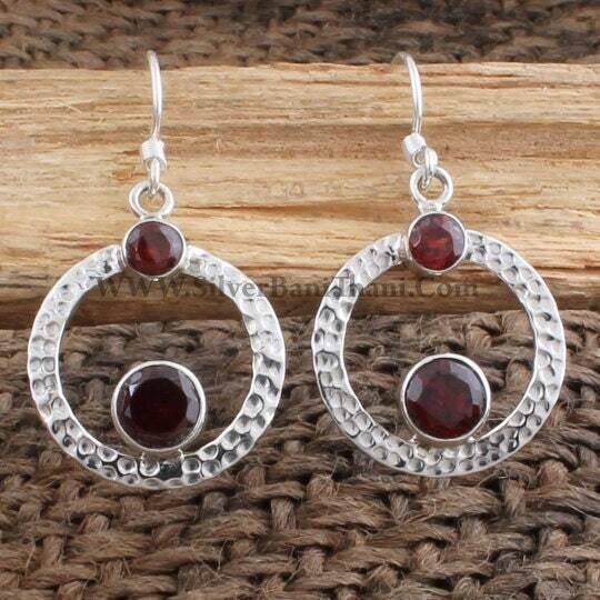 Red Garnet Gemstone Silver Earring | 925 Sterling Silver Round Faceted Cut Stone Earring | Designer Handmade Earring | Valentine's Day Gift