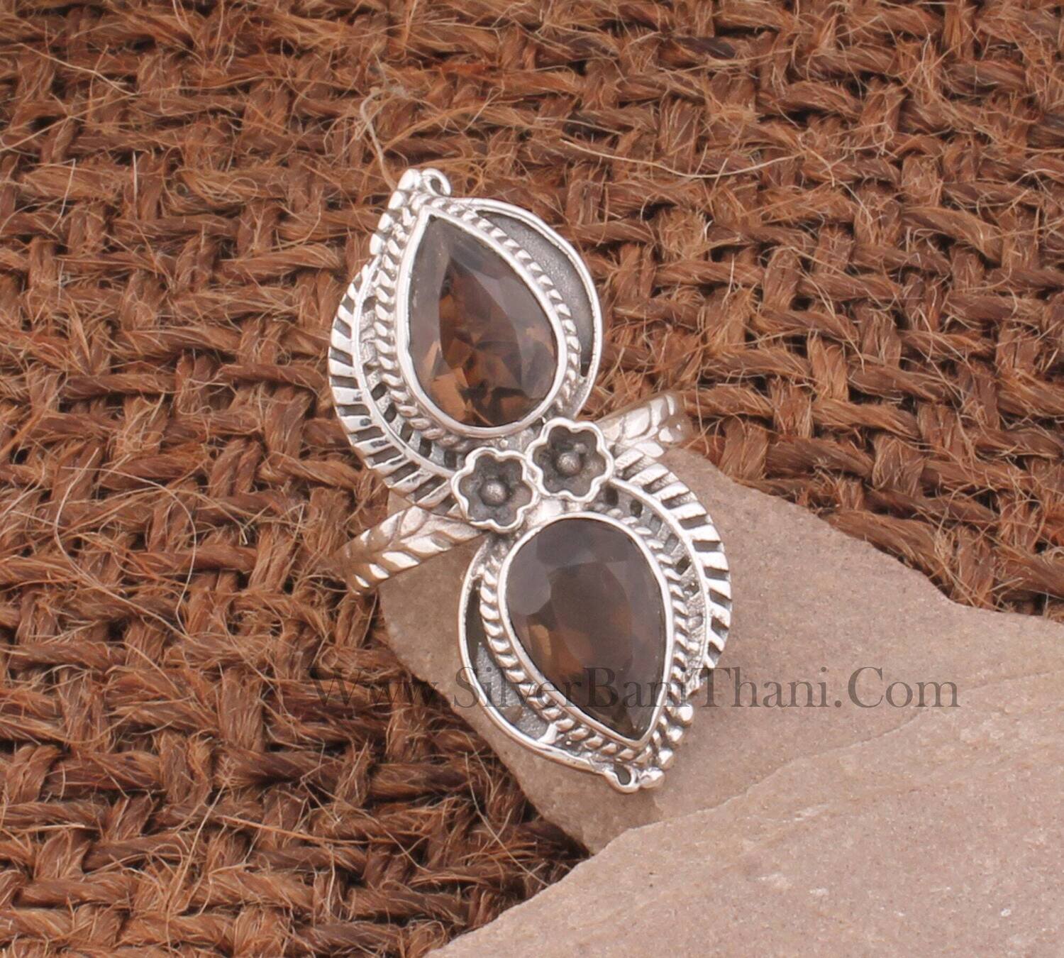 Smoky Quartz Gemstone Silver Ring | 925 Sterling Silver Two Pear Gemstone Ring | Handmade Carved Leaves Silver Ring | Wedding Jewelry Gift