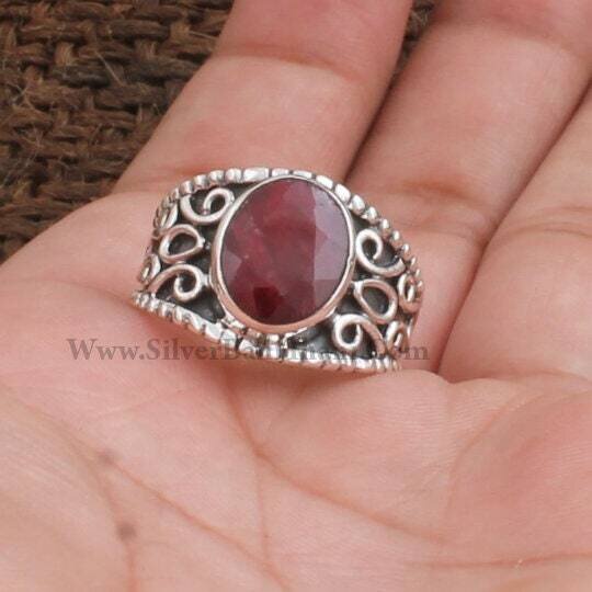 Glass Filled Ruby Top Quality Gemstone Ring, Leaf Design Silver Ring, Semi Precious Cut Stone Ring, 925 Sterling Silver Ring, Women Gift2022