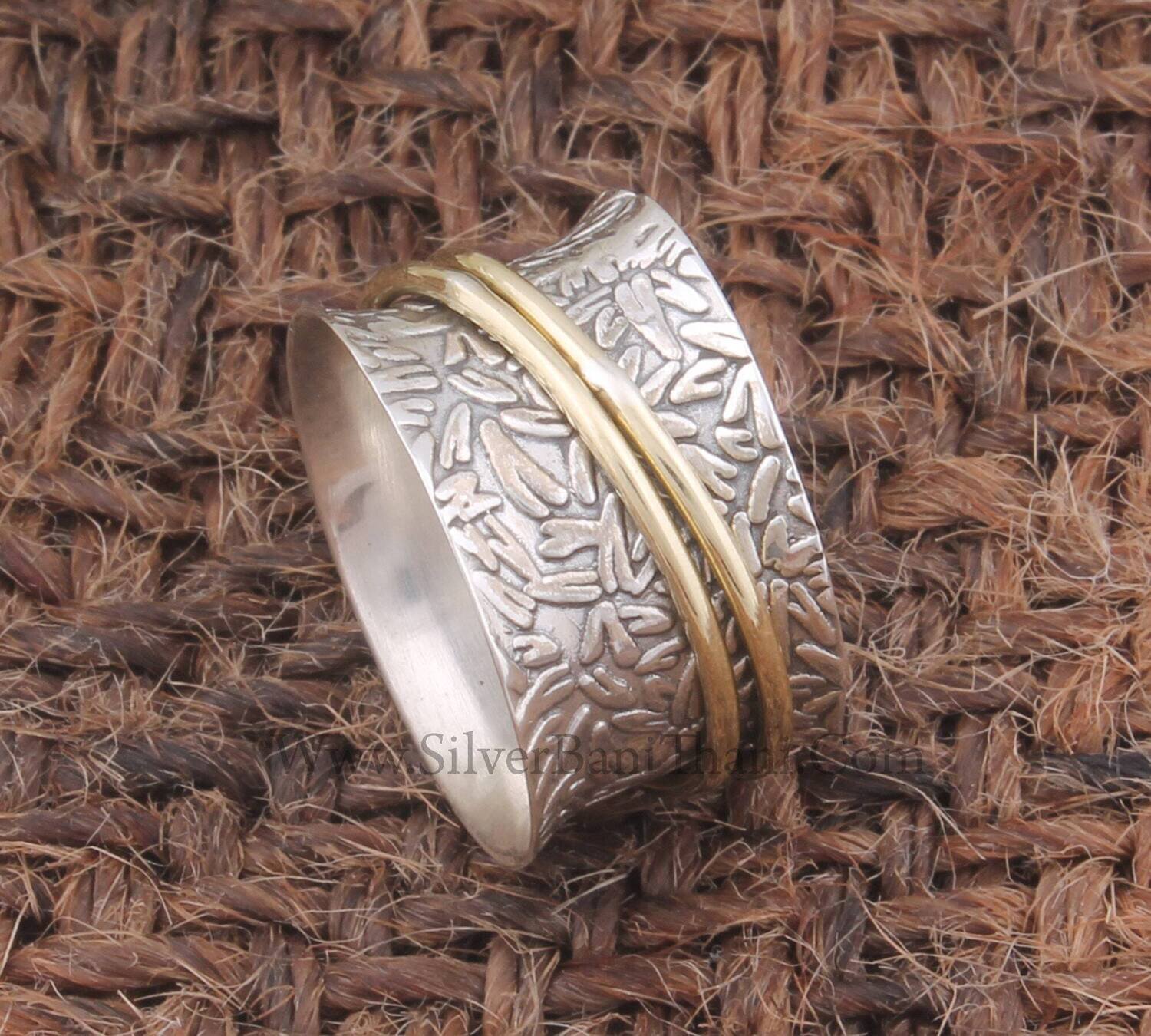 Hand Carved Leaves 925 Sterling Silver &amp; Brass Spinner Ring | Women Wedding Silver Jewelry Meditation Ring Boho Thumb Ring Present For Women