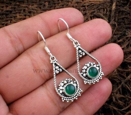 925 Sterling Solid Silver Green Onyx Silver Earrings | Handmade Designer Round Gemstone Flower Earrings | Bridal Gift Idea | Women Jewelry