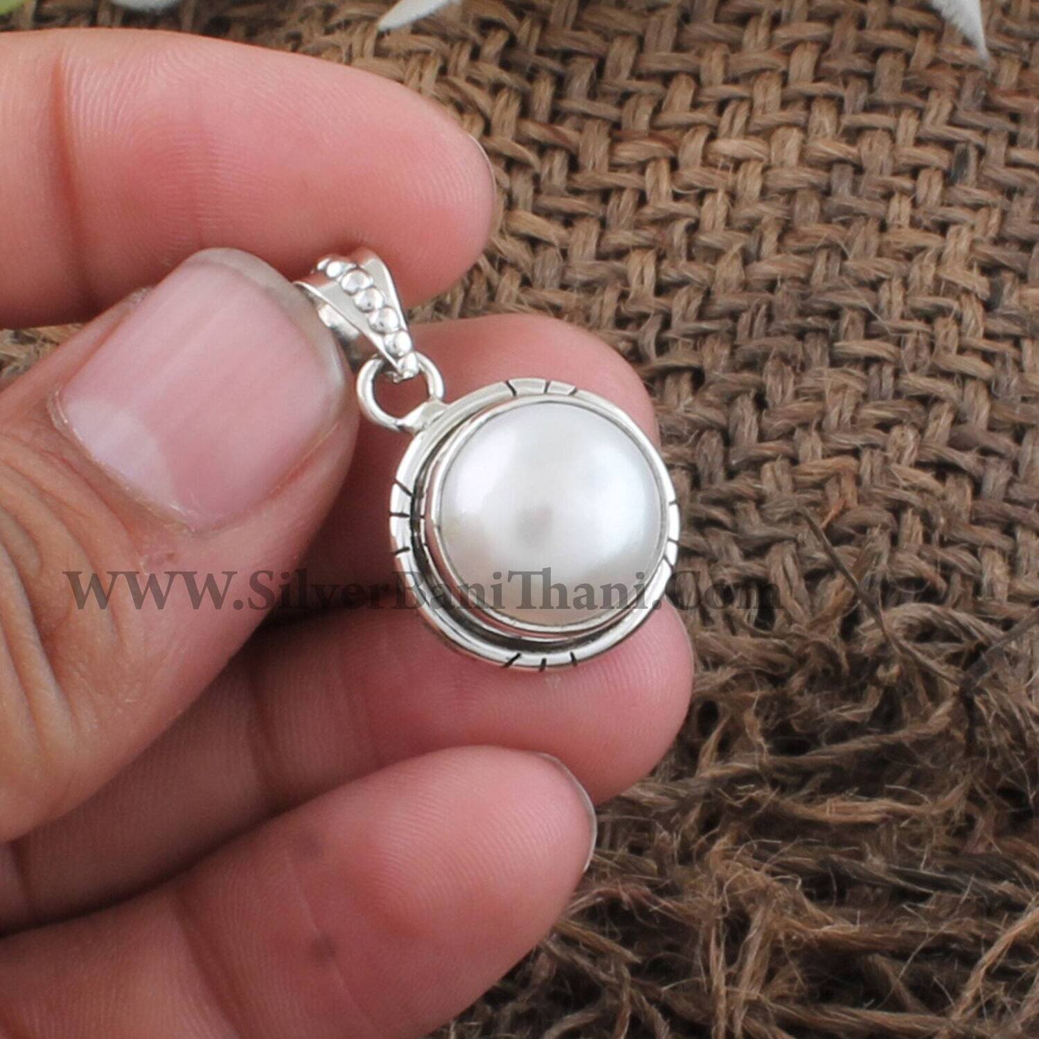 Pearl Gemstone Silver Pendant | 925 Sterling Silver Pendant | Round Gemstone Necklace Pendant | Women Bridal Jewelry | Bridesmaid Gift Idea.
