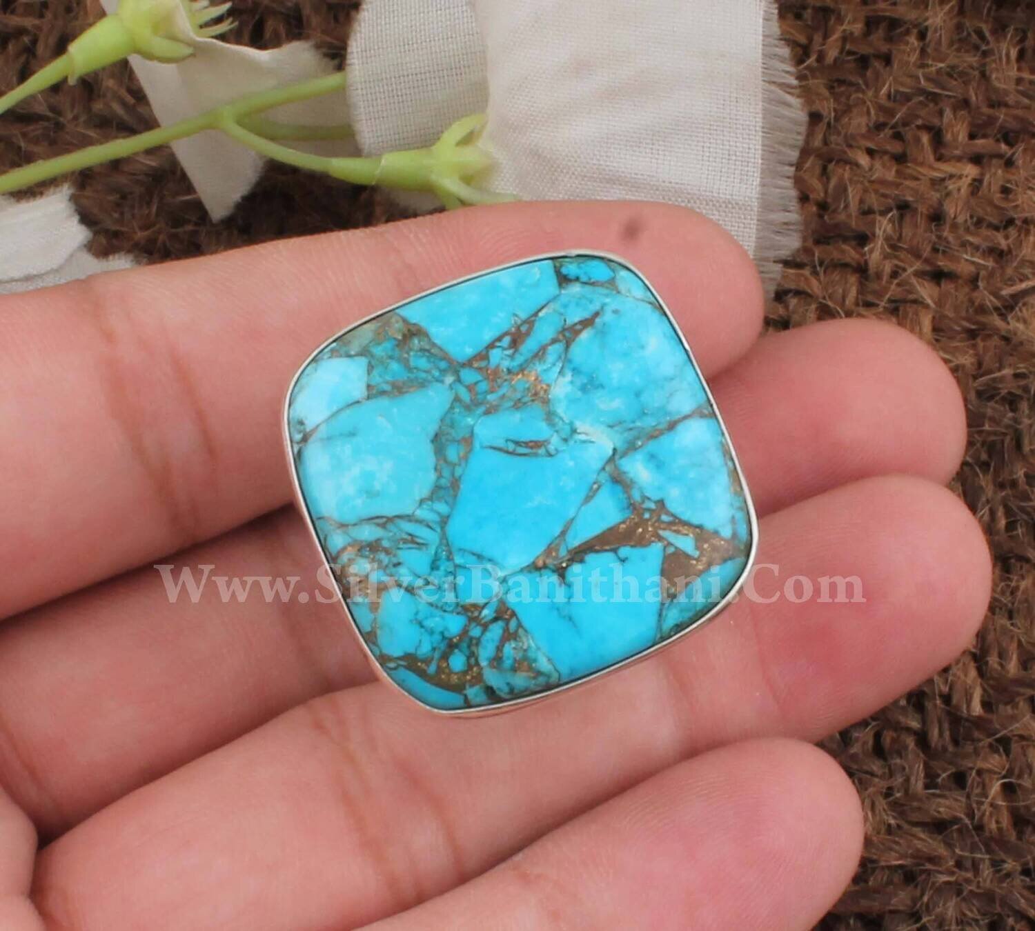 Blue Copper Turquoise Cushion Shape Gemstone Silver Ring | 925 Sterling Solid Silver Ring | Handmade Three Layer Silver Ring Gift For Idea