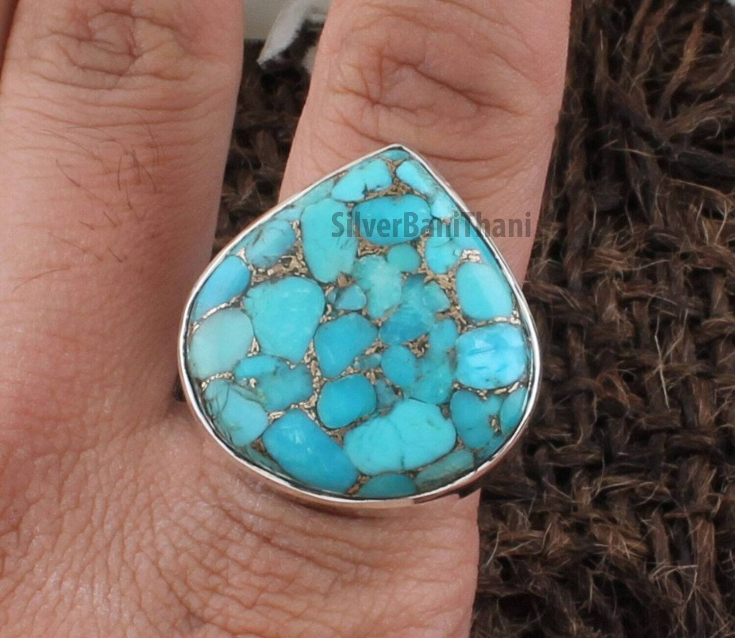 Mohave Turquoise Silver Ring | 925 Sterling Solid Silver Ring | Heart Gemstone Ring | Handmade Big Stone Silver Ring | Valentine's Day Gift