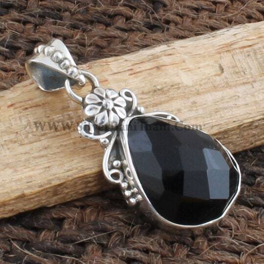 Natural Black Onyx Gemstone Silver Pendant | 925 Sterling Silver Pear Stone Pendant | Designer Flower Handmade Pendant | Women Jewelry Gift