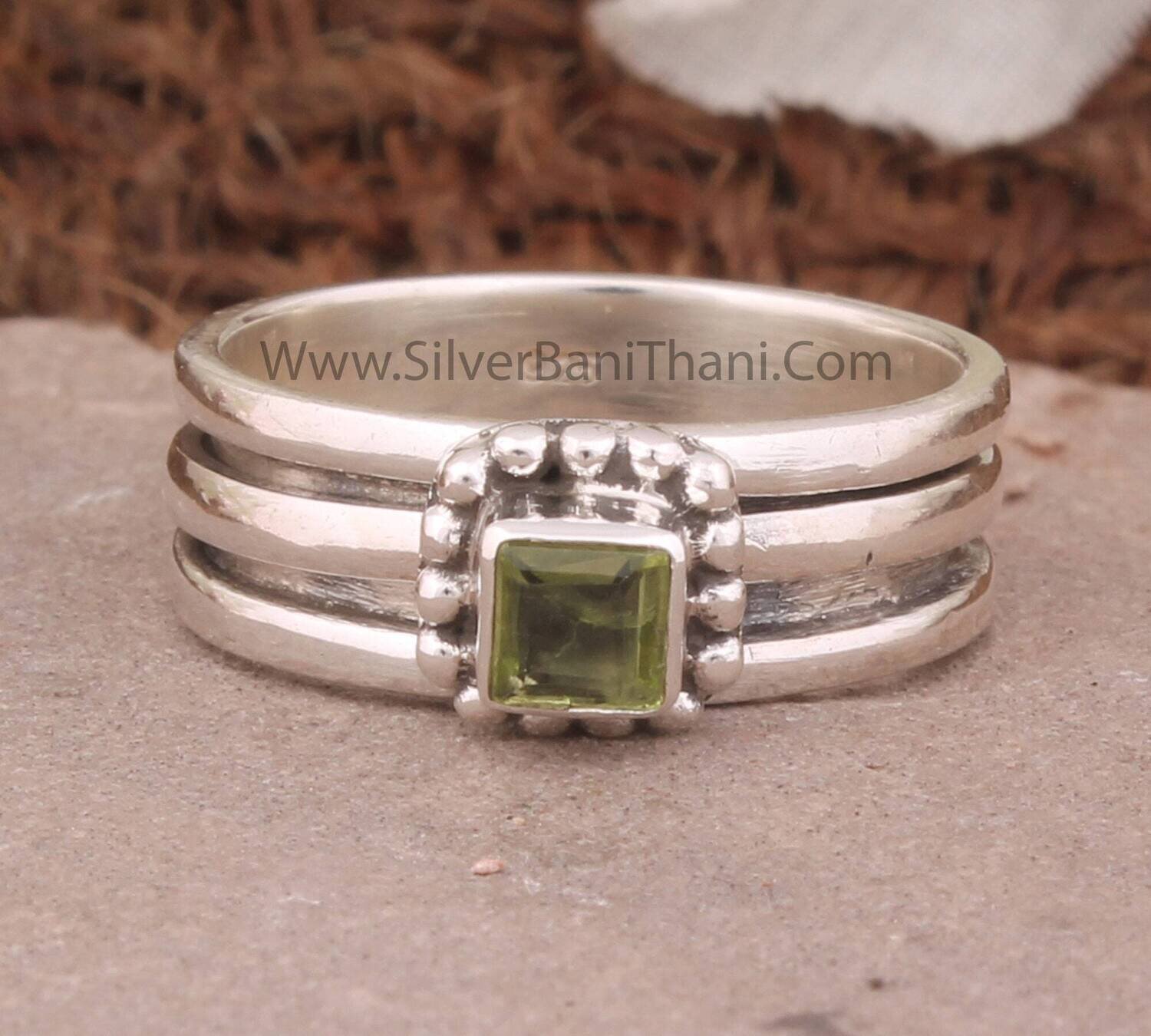 Peridot Gemstone Silver Spinner Ring | 925 Sterling Silver Squire Shape Gemstone Ring | Designer Handmade Band Ring Thumb Ring Gift