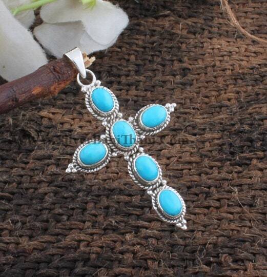 Lovely Turquoise Pendant-Christian Cross Design With Oval Stone Pendant-925 Sterling Silver Pendant-Antique Silver Pendant-Christmas Gift