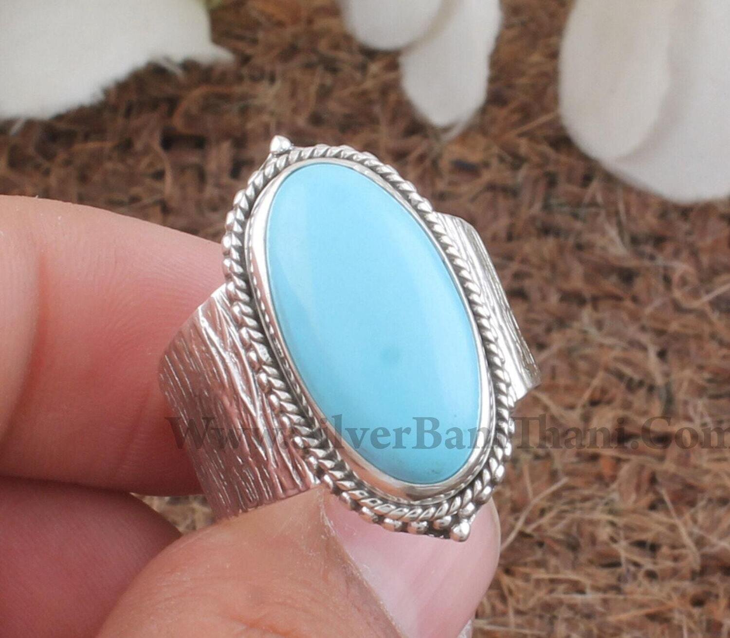 Textured Silver Band Turquoise Oval Shape Gemstone Ring | 925 Sterling Silver Ring | Handmade Ring Present For Women Wedding Jewelry Gift