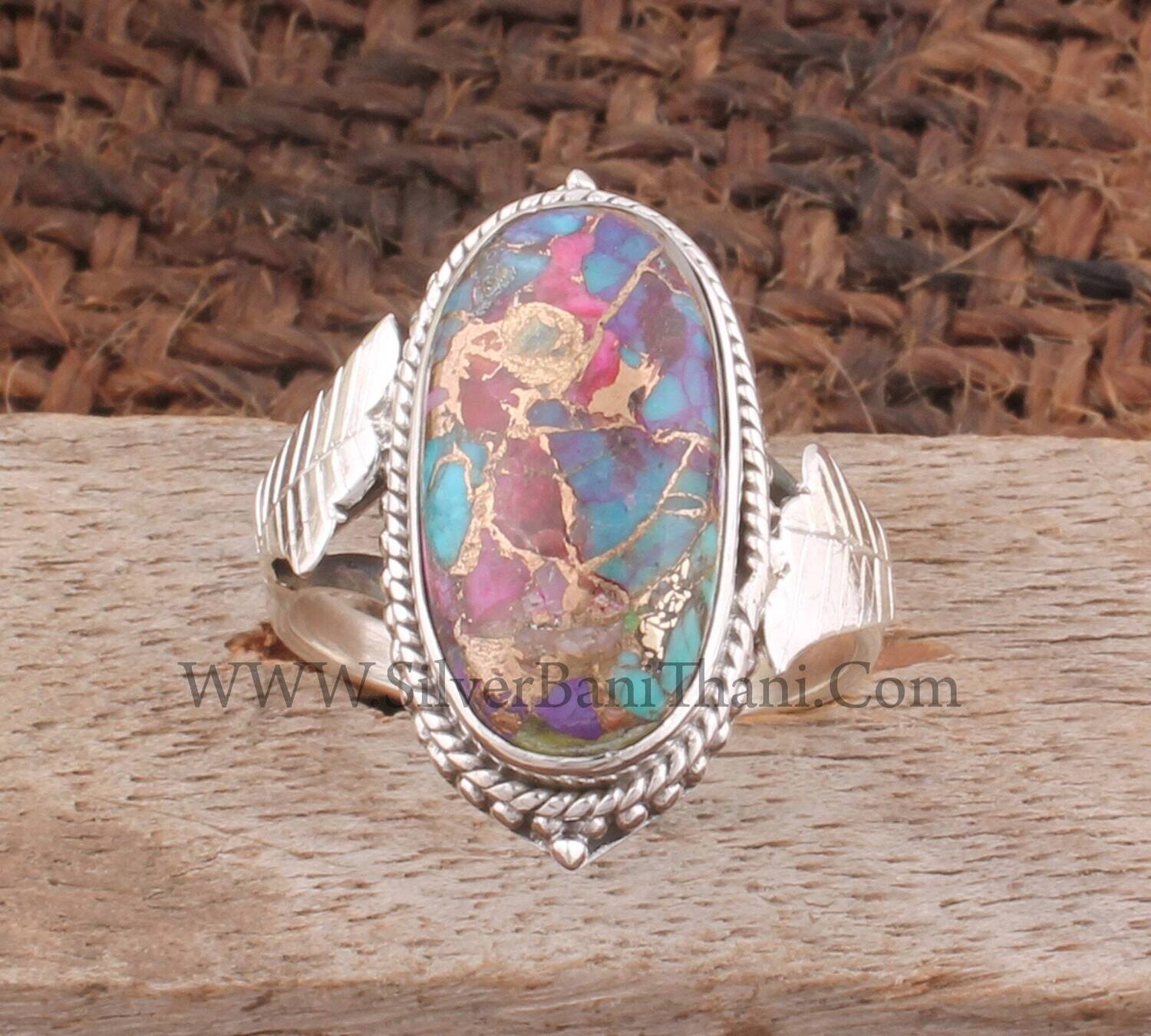 Mix Spiny Copper Turquoise Gemstone Silver Carved Leaves Ring | 925 Sterling Silver Oval Gemstone Ring | Handmade Women Silver Jewelry Gift