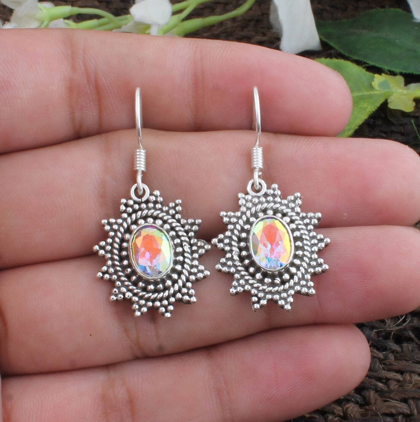 Swarovski Crystal Earring-Star Design Silver Earring-Oval Cut Semi Precious Stone Earring-Fashionable Earring-Personalized-Wedding-Christmas