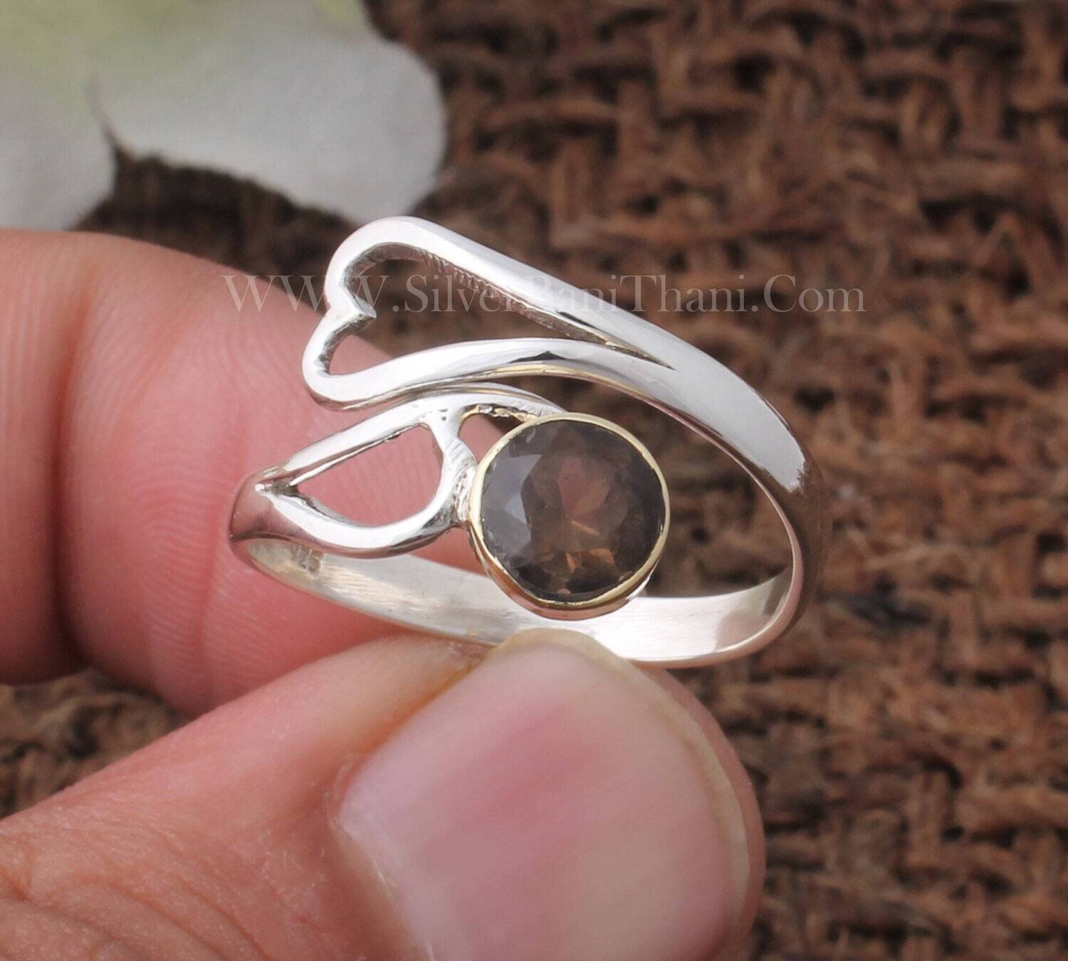 925 Sterling Silver Heart Ring |  Smoky Quartz Round Gemstone Ring | Heart Design Silver Ring | Handmade Women Wedding Silver Jewelry