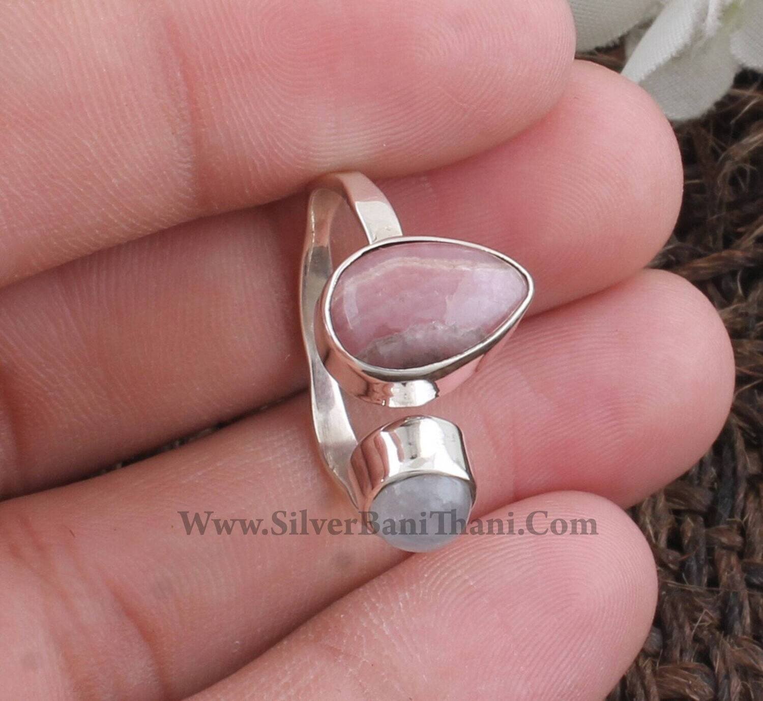 Rainbow Moonstone &amp; Rhodochrosite Gemstone Ring - 925 Sterling Silver Two Stone Ring - Handmade Women Wedding Jewelry - Valentine's Day Gift