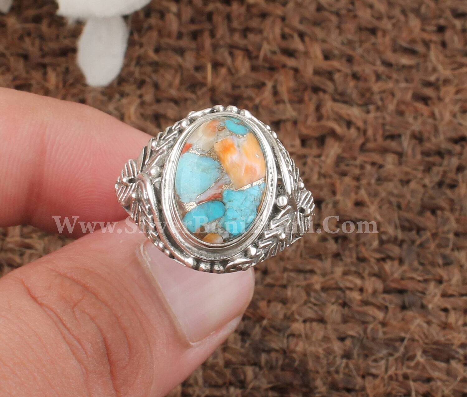 Hand Carver Leaves Oyster Copper Turquoise Oval Shape Gemstone Ring | 925 Sterling Solid Silver Ring  | Handmade Women Wedding Jewelry Gift