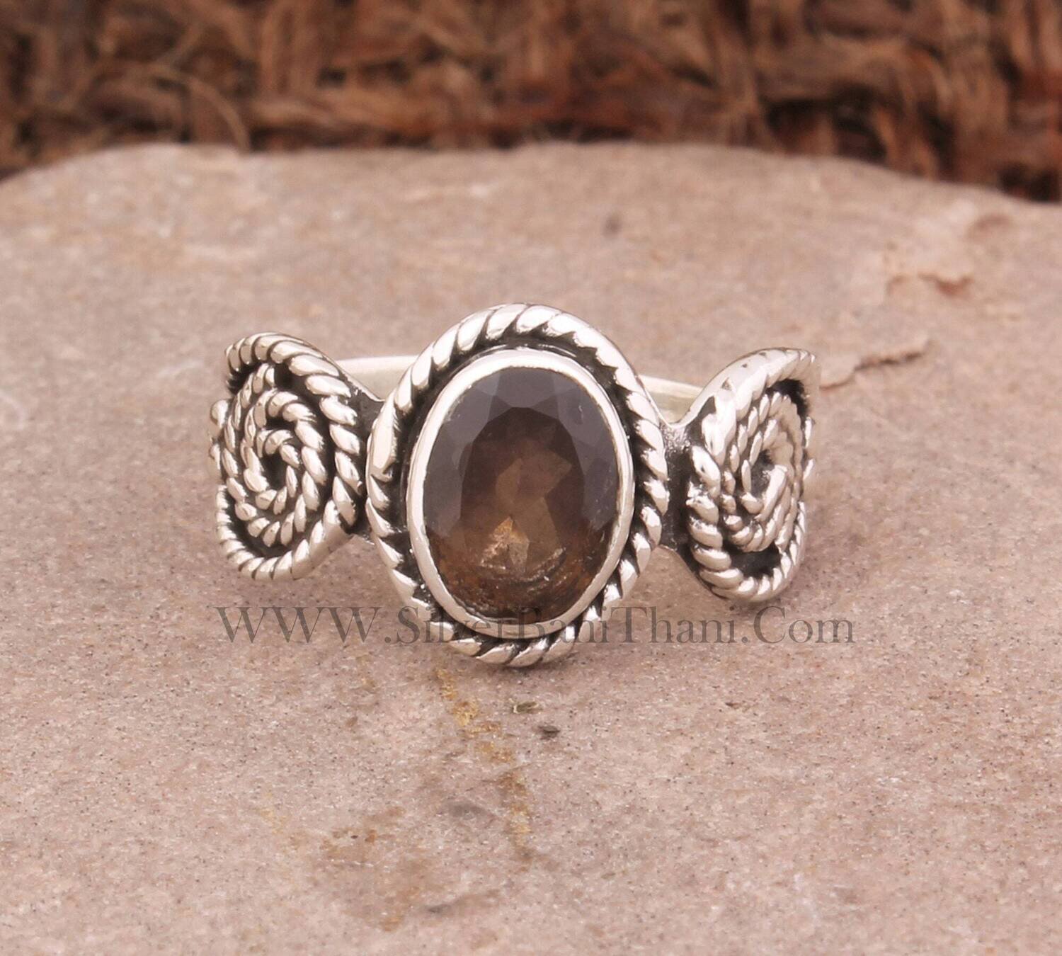 Designer Spiral Smoky Quartz Solid 925 Sterling Silver Ring For Her | Handmade Oval Cut Solid Silver Ring Wedding Anniversary Gift For Women