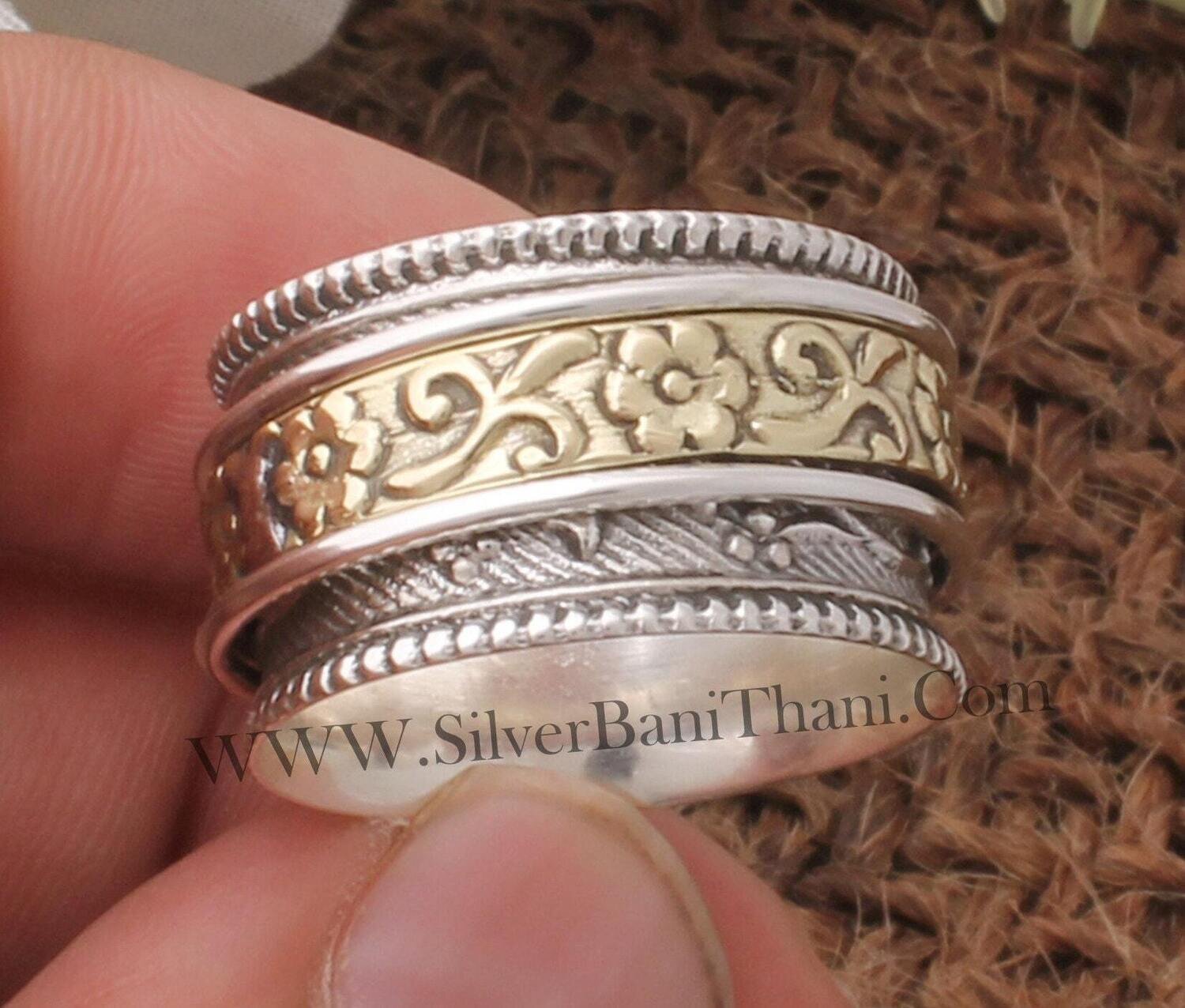 Flower Vine Solid 925 Sterling Silver Engraved Band Spinner Ring For Women Handmade Two Tone Fidget Anxiety Rings For Birthday Jewelry Gifts