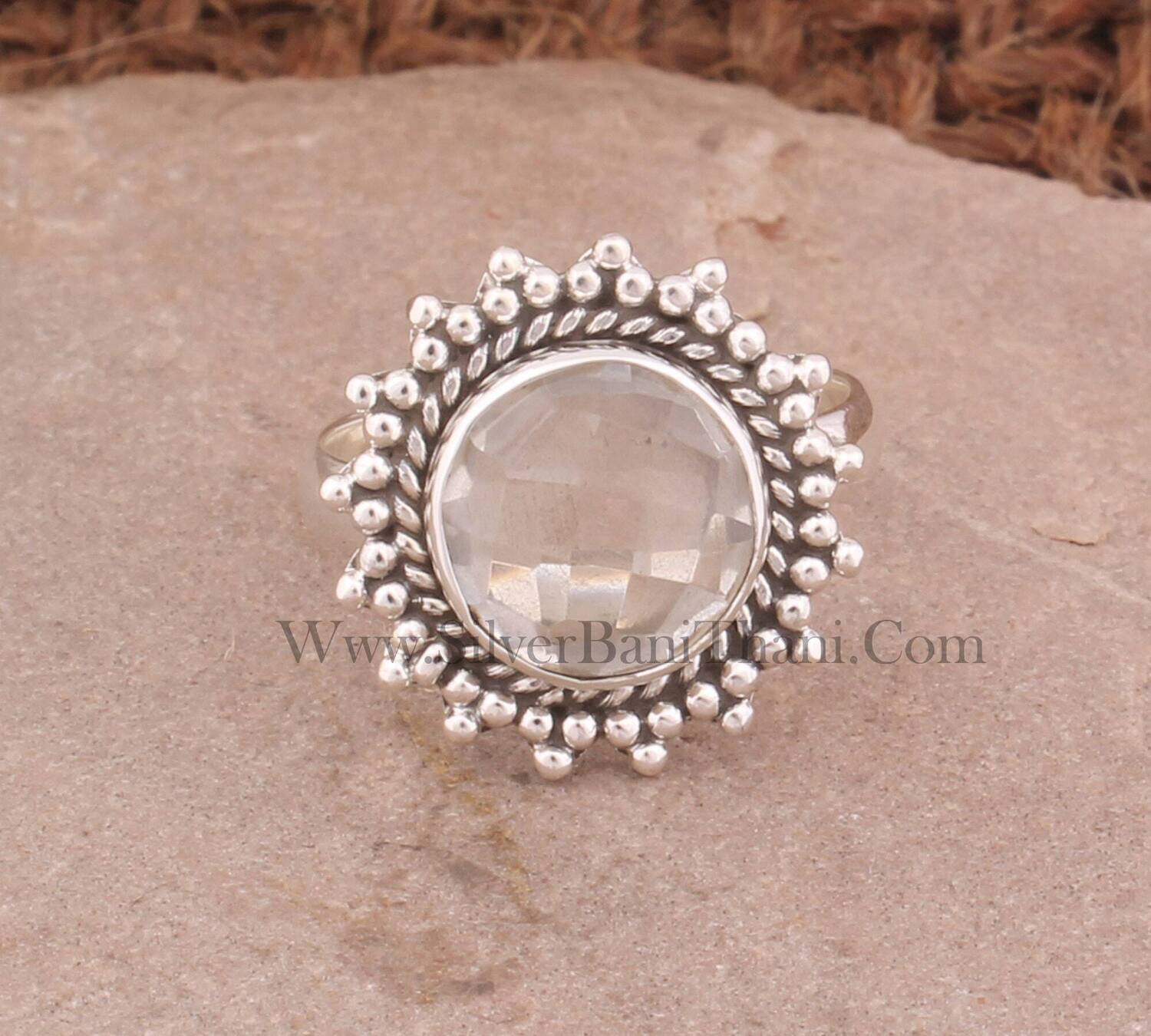 Crystal Quartz Silver Ring | 925 Sterling Solid Silver Ring | Crystal Quartz Round Shape Stone Ring | Designer Flower Jewelry Gift