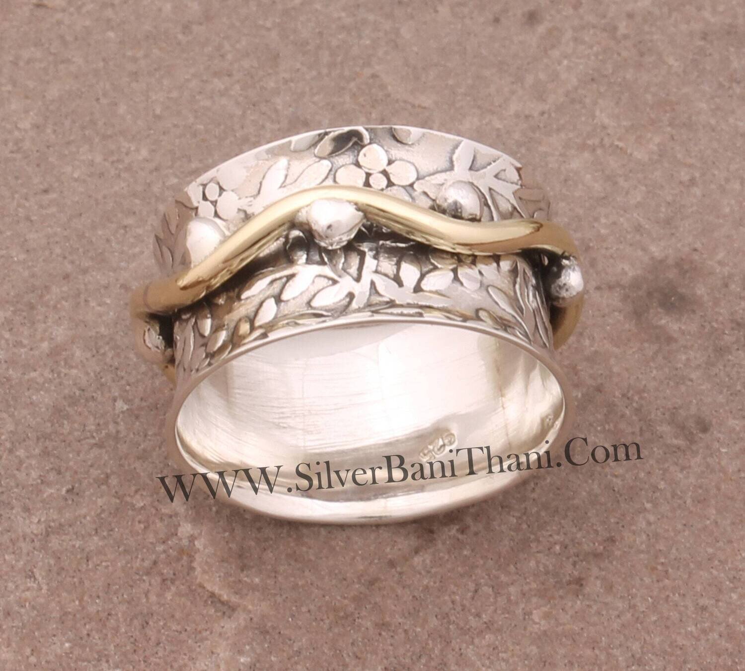 Wave Design Hand Carved Band Two Tone Spinner Band Ring 925 Sterling Silver &amp; Brass Worry Ring Fidget Silver Ring Thumb Ring For Women Gift
