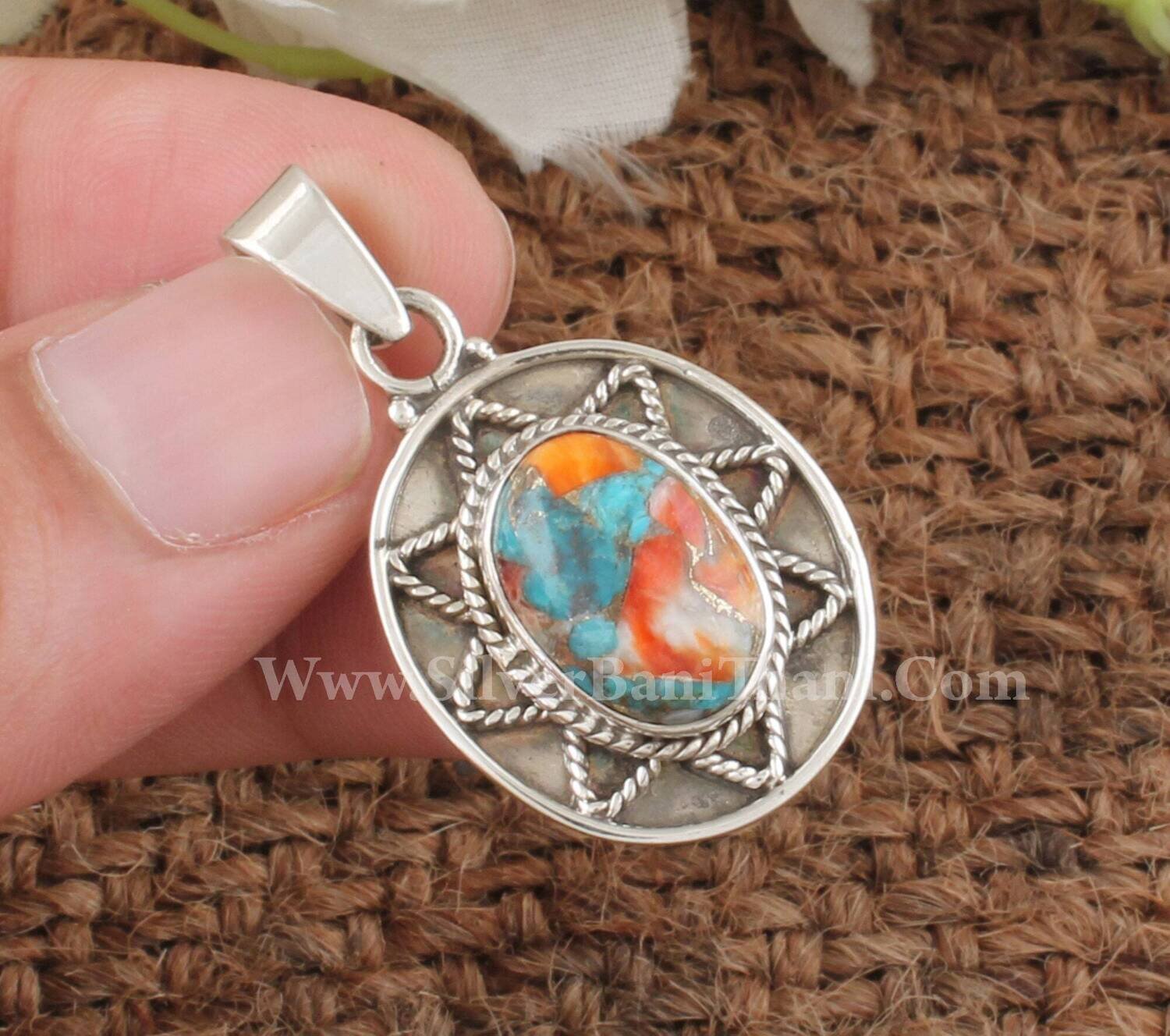 925 Sterling Silver Oyster Copper Turquoise Necklace Pendant | Oval Shape Gemstone Pendant Necklace | Designer Handmade Pendant | Gift Idea